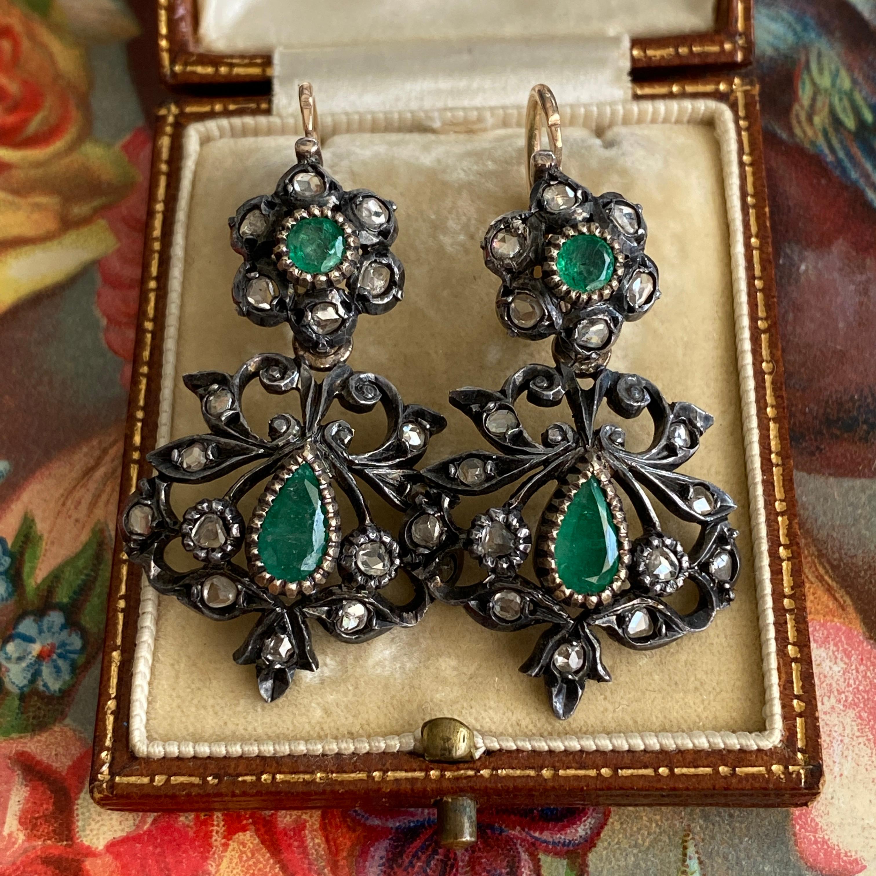 Pear Cut Victorian Emerald Rose Cut Diamond 14k Day & Night Earrings For Sale