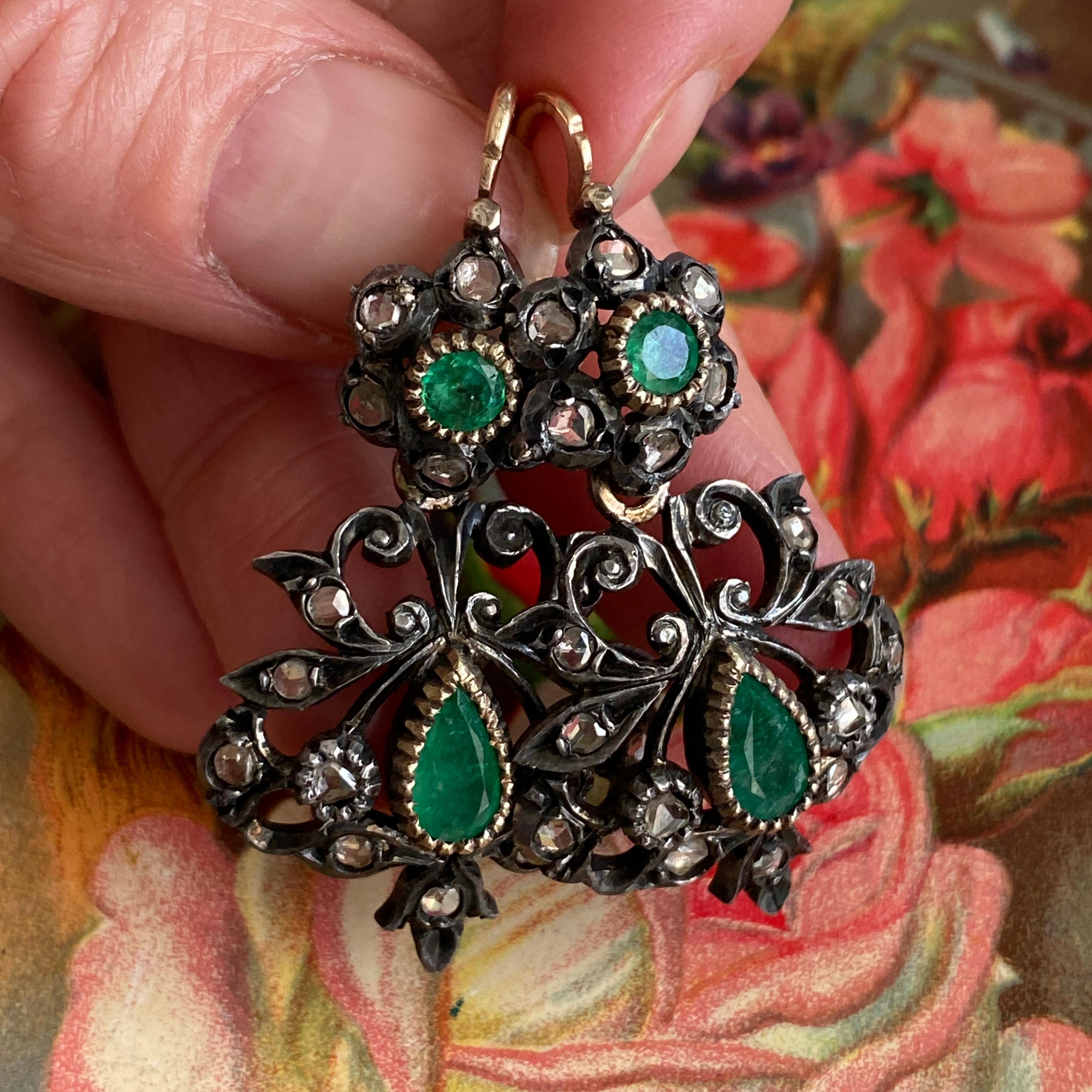 Victorian Emerald Rose Cut Diamond 14k Tag & Nacht Ohrringe im Zustand „Hervorragend“ im Angebot in Scotts Valley, CA