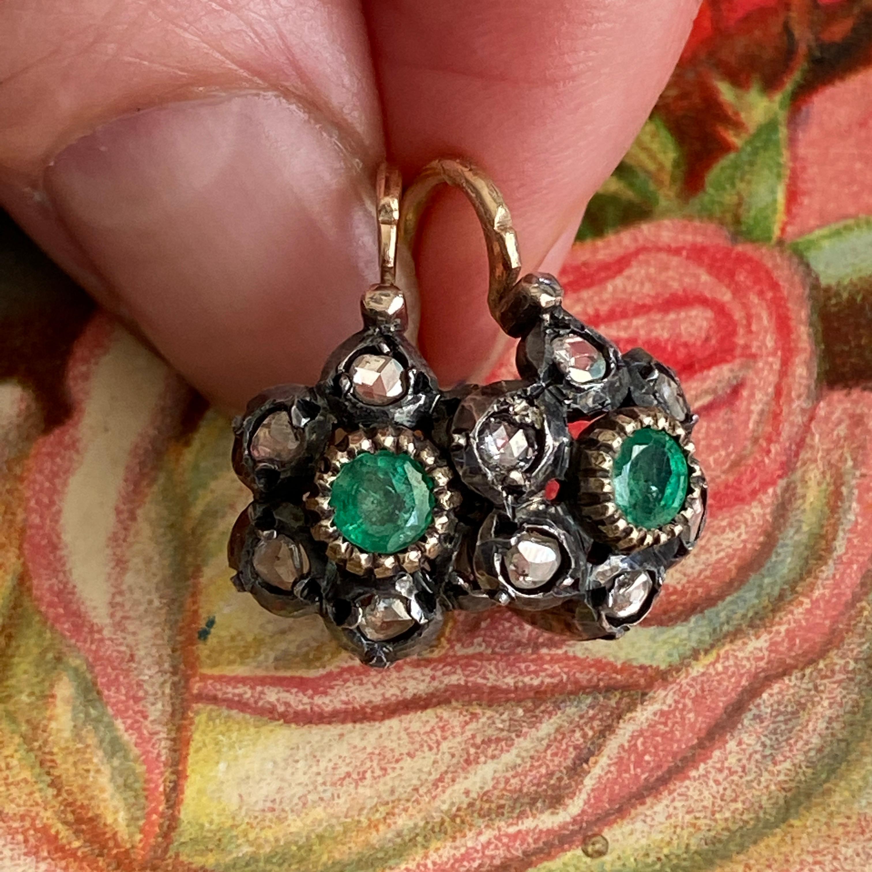 Victorian Emerald Rose Cut Diamond 14k Tag & Nacht Ohrringe Damen im Angebot