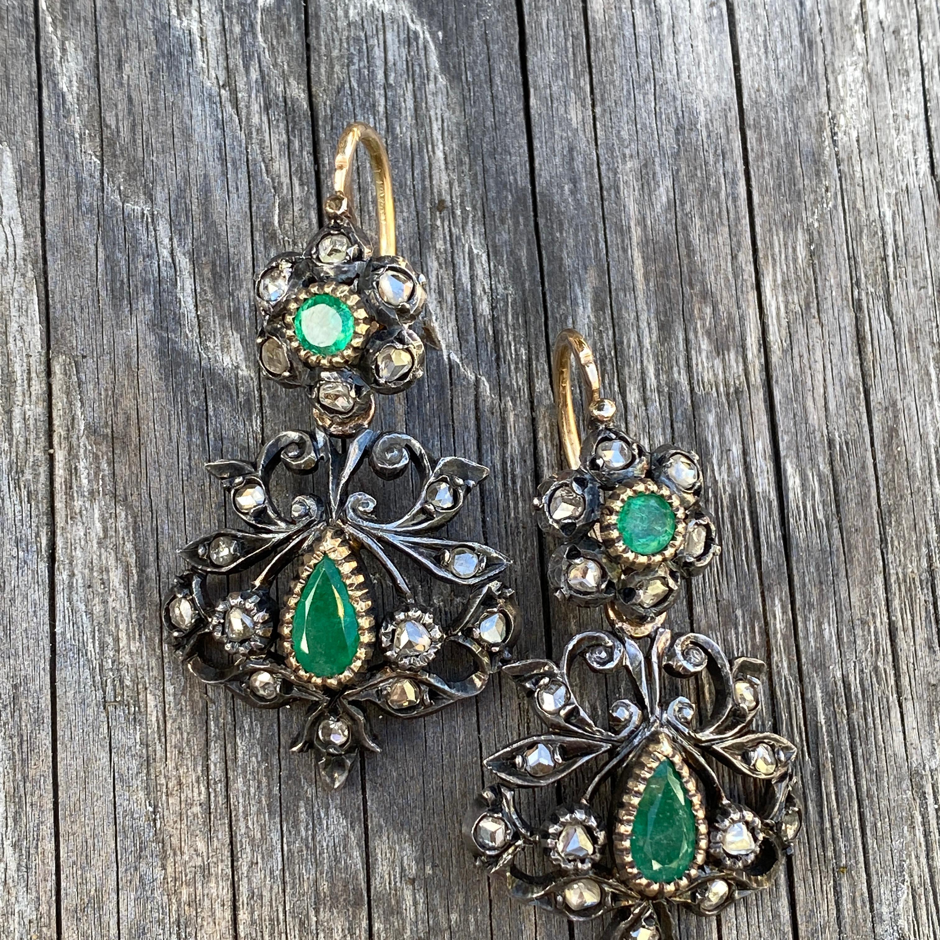 Victorian Emerald Rose Cut Diamond 14k Day & Night Earrings For Sale 2
