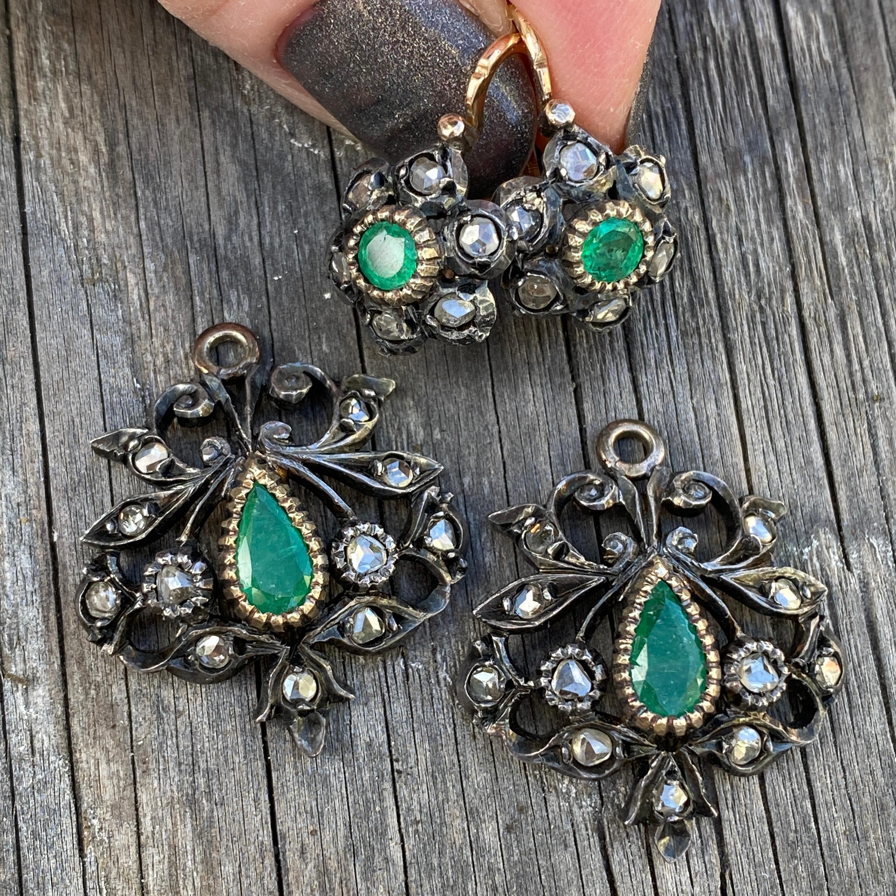 Victorian Emerald Rose Cut Diamond 14k Day & Night Earrings For Sale 3