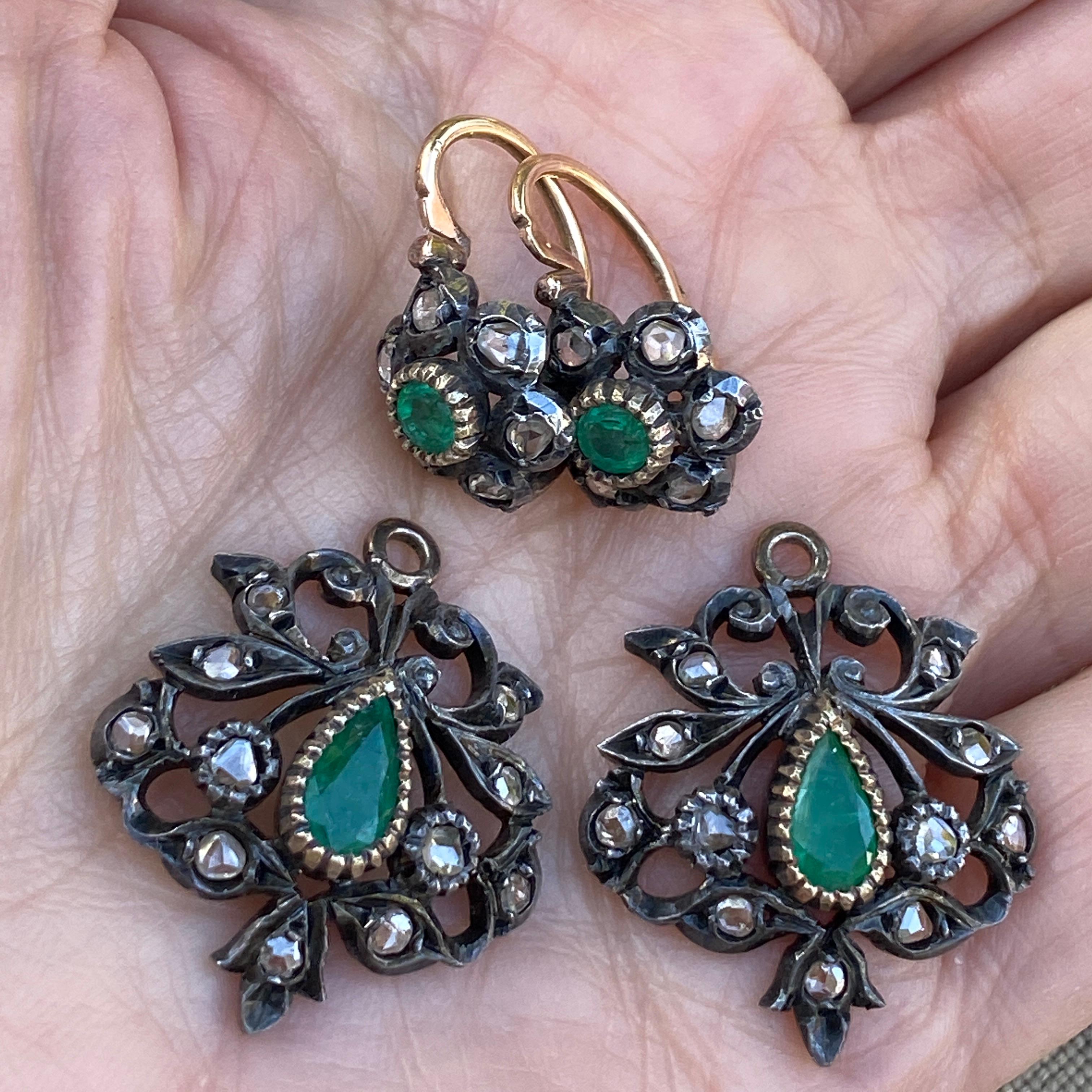 Victorian Emerald Rose Cut Diamond 14k Day & Night Earrings For Sale 4