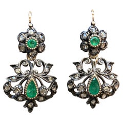 Victorian Emerald Rose Cut Diamond 14k Day & Night Earrings