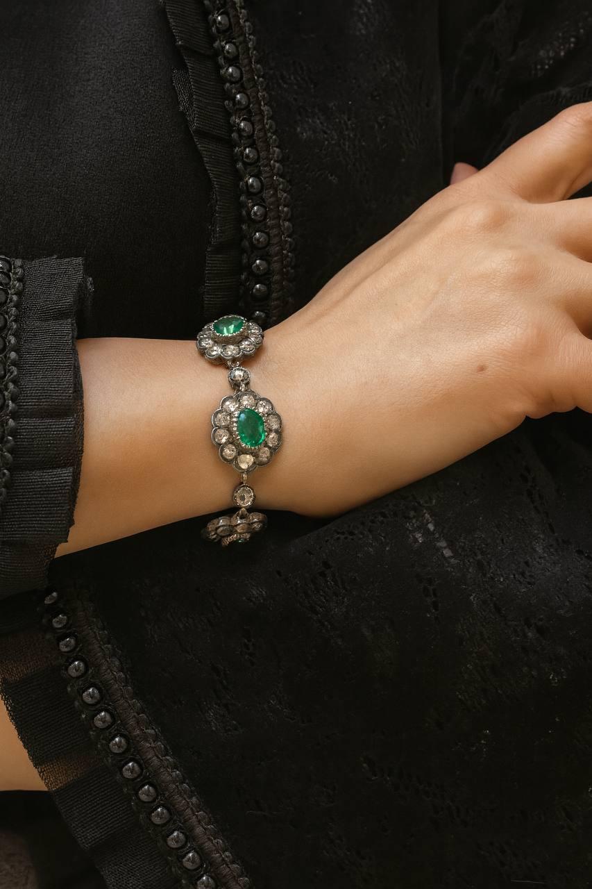 Pulsera y anillo antiguos de diamantes talla rosa esmeralda Corte rosa en venta