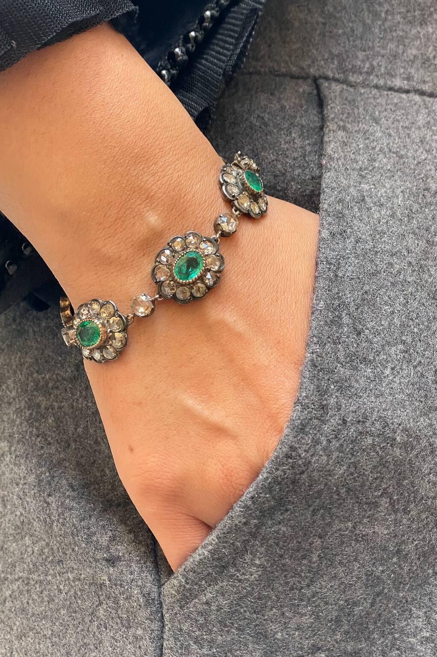 Pulsera y anillo antiguos de diamantes talla rosa esmeralda en Excelente estado para la venta en Firenze, FI