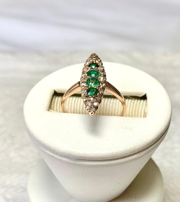 Victorian Emerald Rose Cut Diamond Ring Marquise Gold