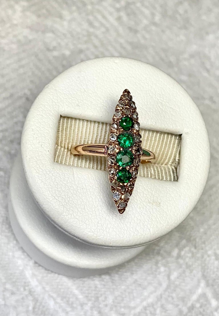 Victorian Emerald Rose Cut Diamond Ring Marquise Gold