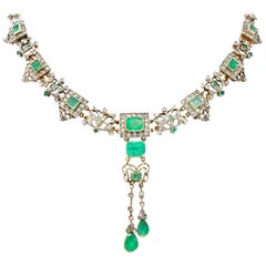 Victorian Emerald Rose Cut Diamond Silver-Topped 14 Karat Gold Collar Necklace