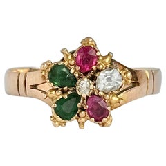 Victorian Emerald, Ruby and Diamond 15 Carat Gold Daisy Cluster Ring