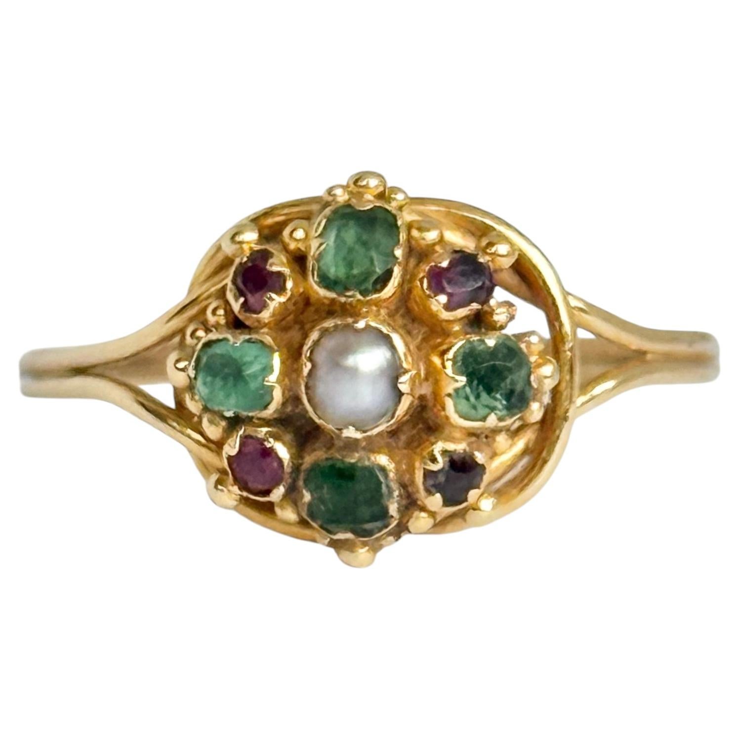 Victorian Emerald, Ruby and Pearl 15 Carat Gold Cluster Ring