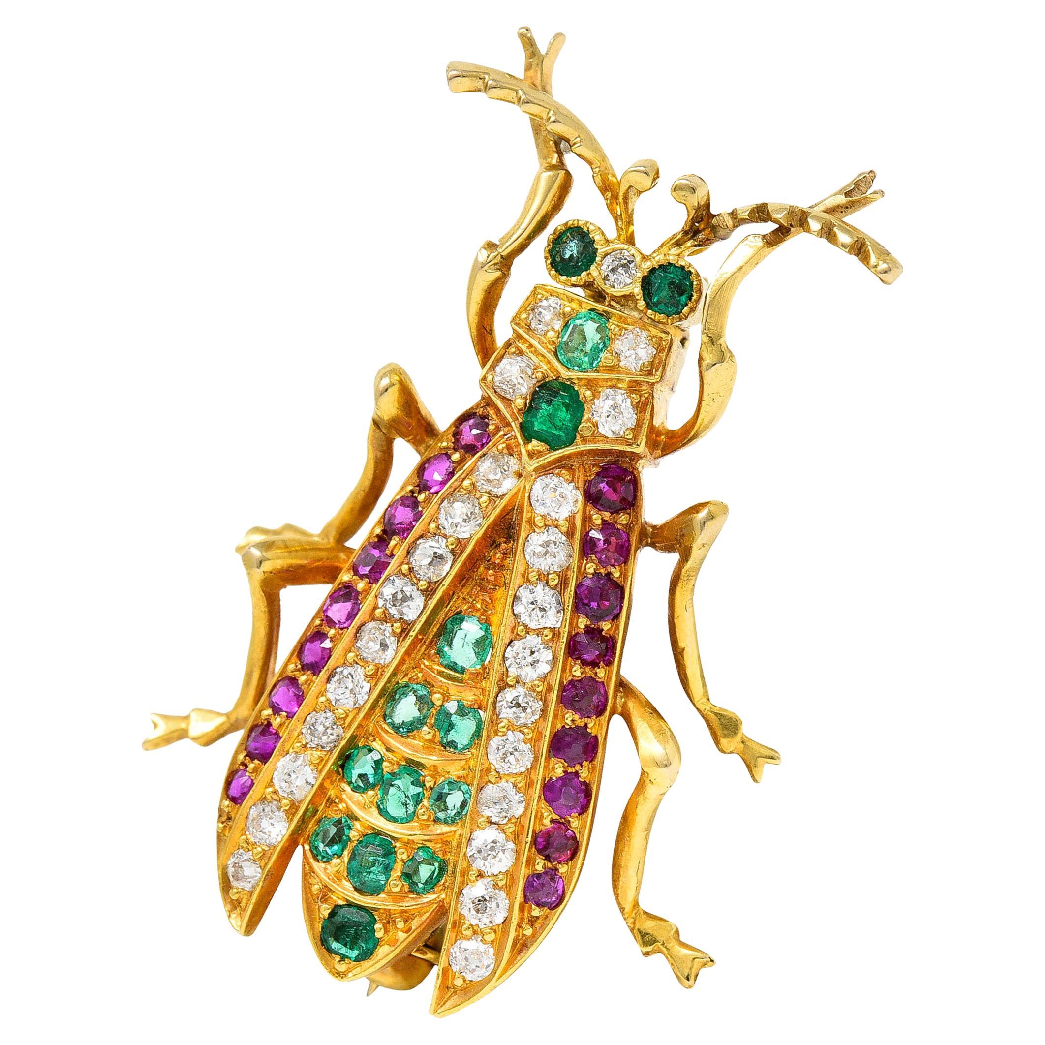 Vintage Retro Diamond Emerald Ruby Gold Insect May Beetle Brooch at 1stDibs