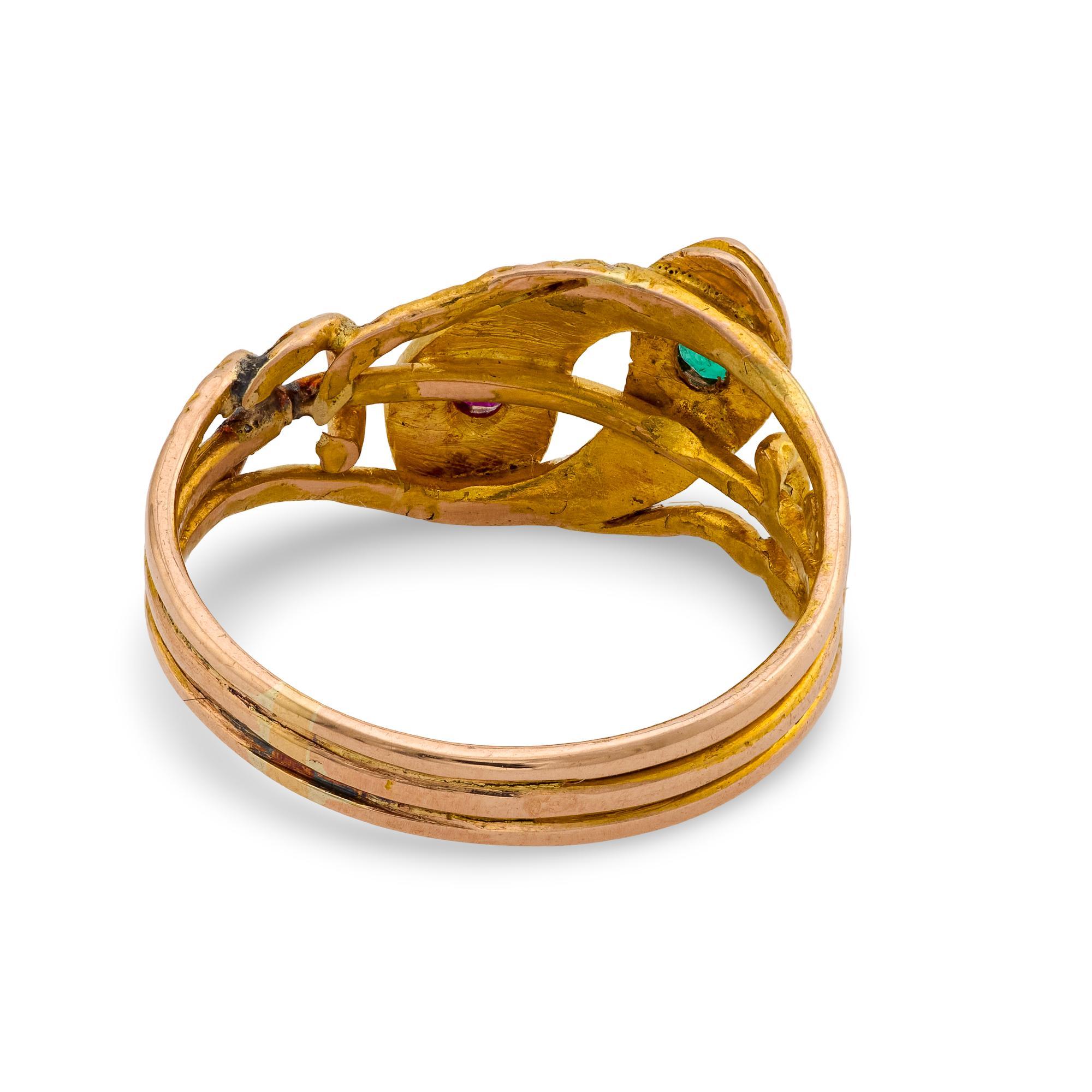 Women's Victorian emerald ruby diamond 18k yellow gold double headed snake ring For Sale