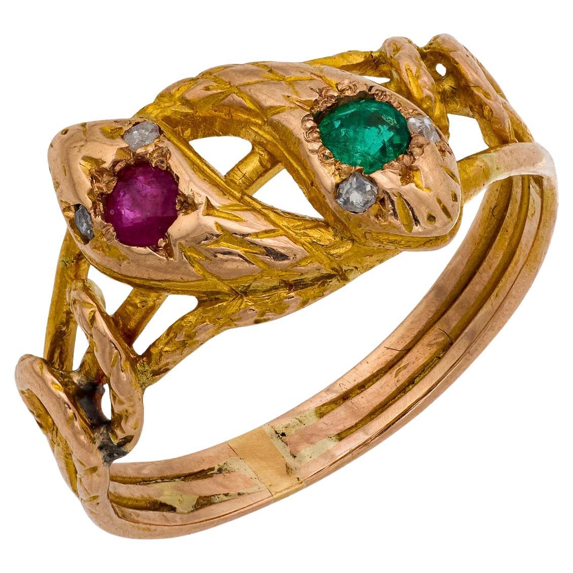Victorian emerald ruby diamond 18k yellow gold double headed snake ring