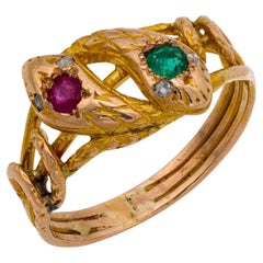 Victorian emerald ruby diamond 18k yellow gold double headed snake ring