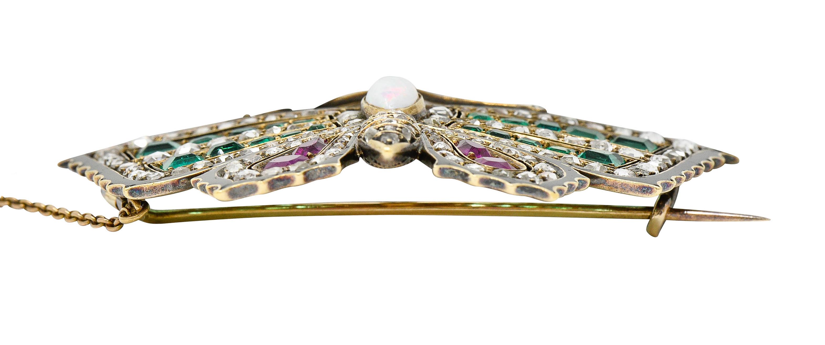 Victorian Emerald Ruby Diamond Opal Enamel 18 Karat Gold Butterfly Brooch 4