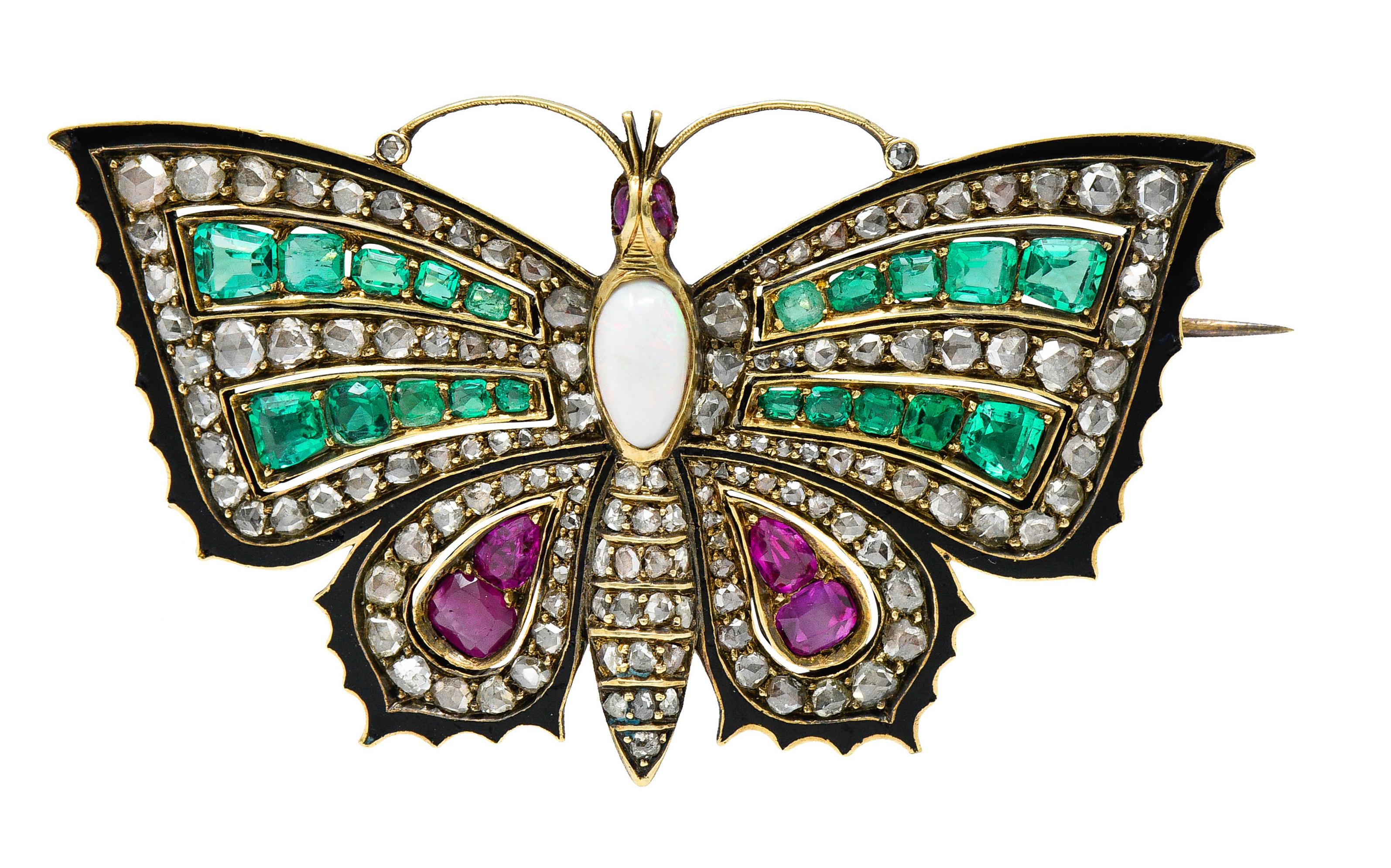 Victorian Emerald Ruby Diamond Opal Enamel 18 Karat Gold Butterfly Brooch 6