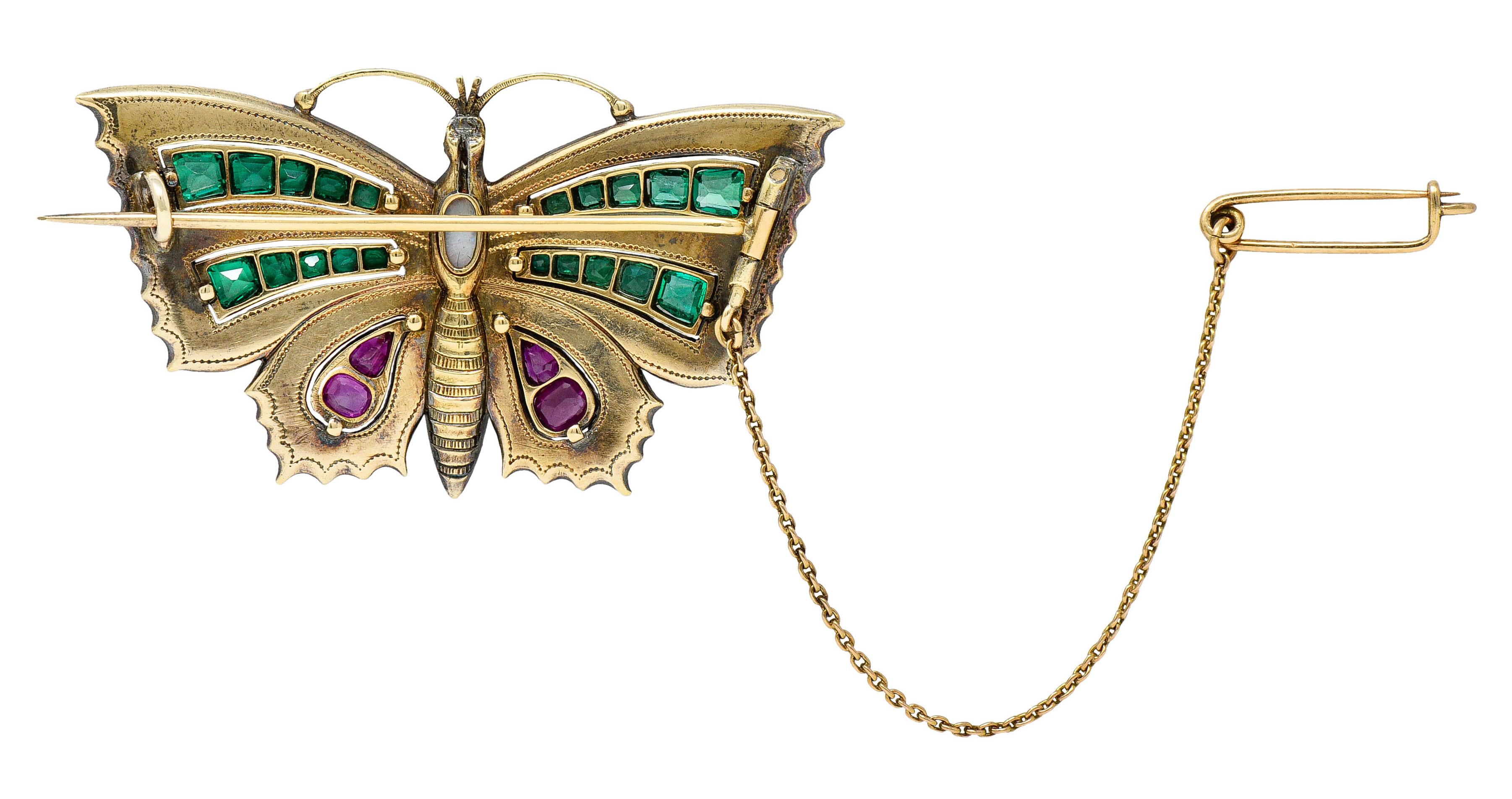 Cushion Cut Victorian Emerald Ruby Diamond Opal Enamel 18 Karat Gold Butterfly Brooch