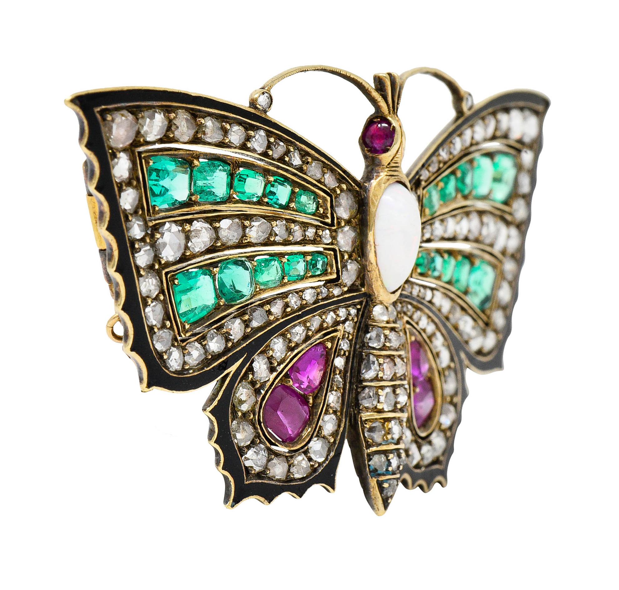 Victorian Emerald Ruby Diamond Opal Enamel 18 Karat Gold Butterfly Brooch In Excellent Condition In Philadelphia, PA