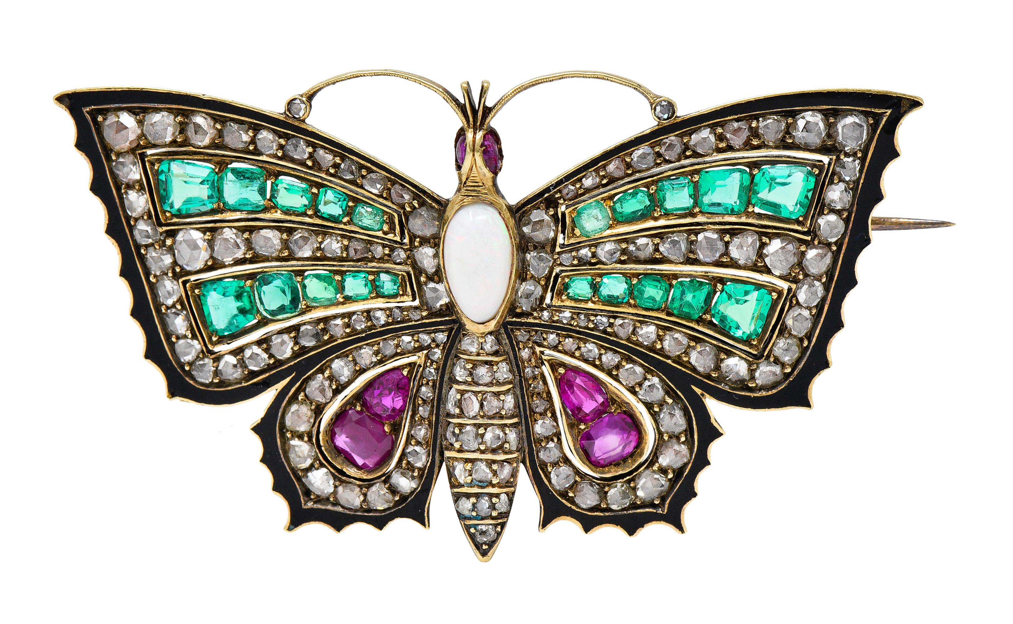 Women's or Men's Victorian Emerald Ruby Diamond Opal Enamel 18 Karat Gold Butterfly Brooch