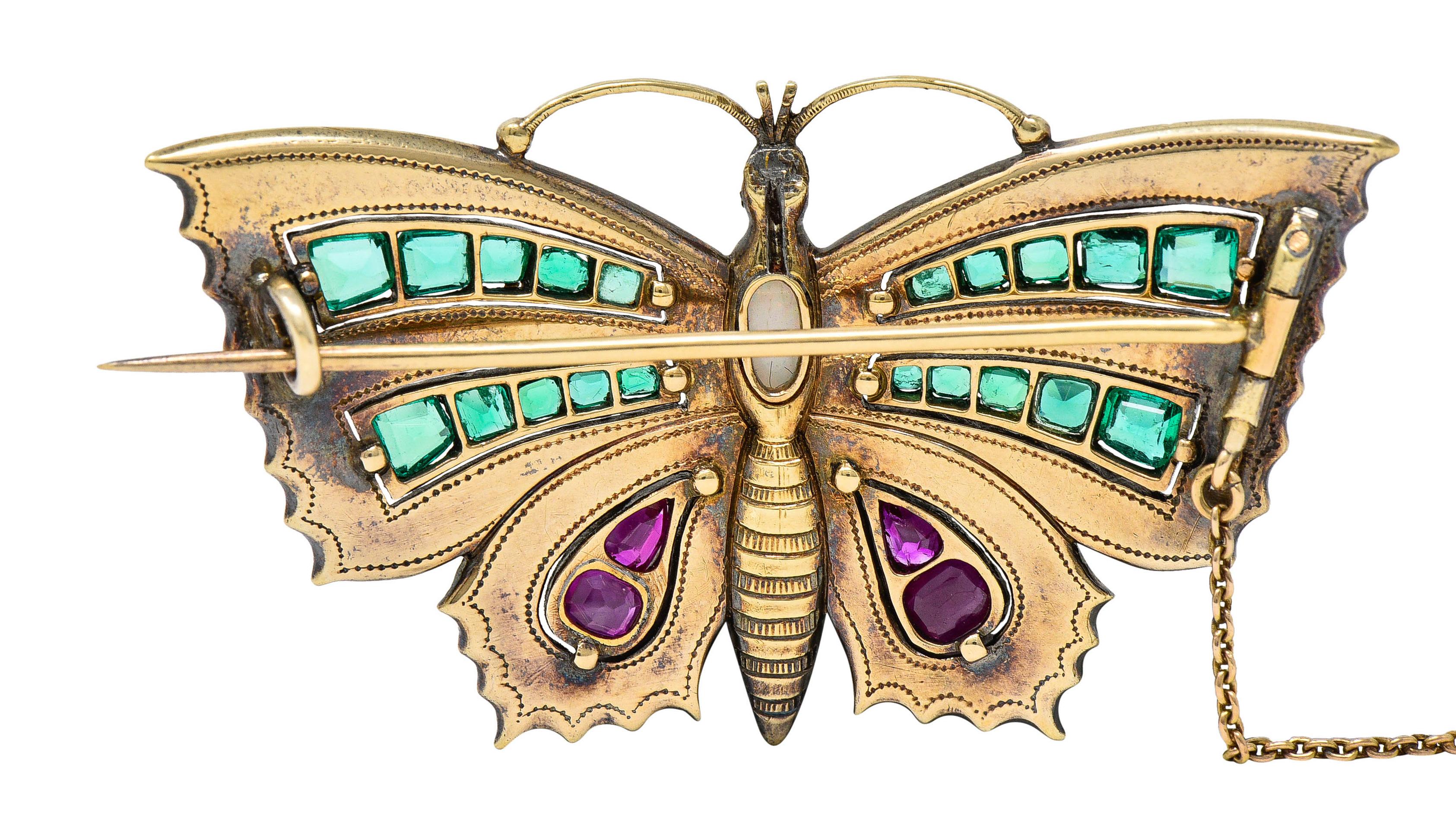 Victorian Emerald Ruby Diamond Opal Enamel 18 Karat Gold Butterfly Brooch 1