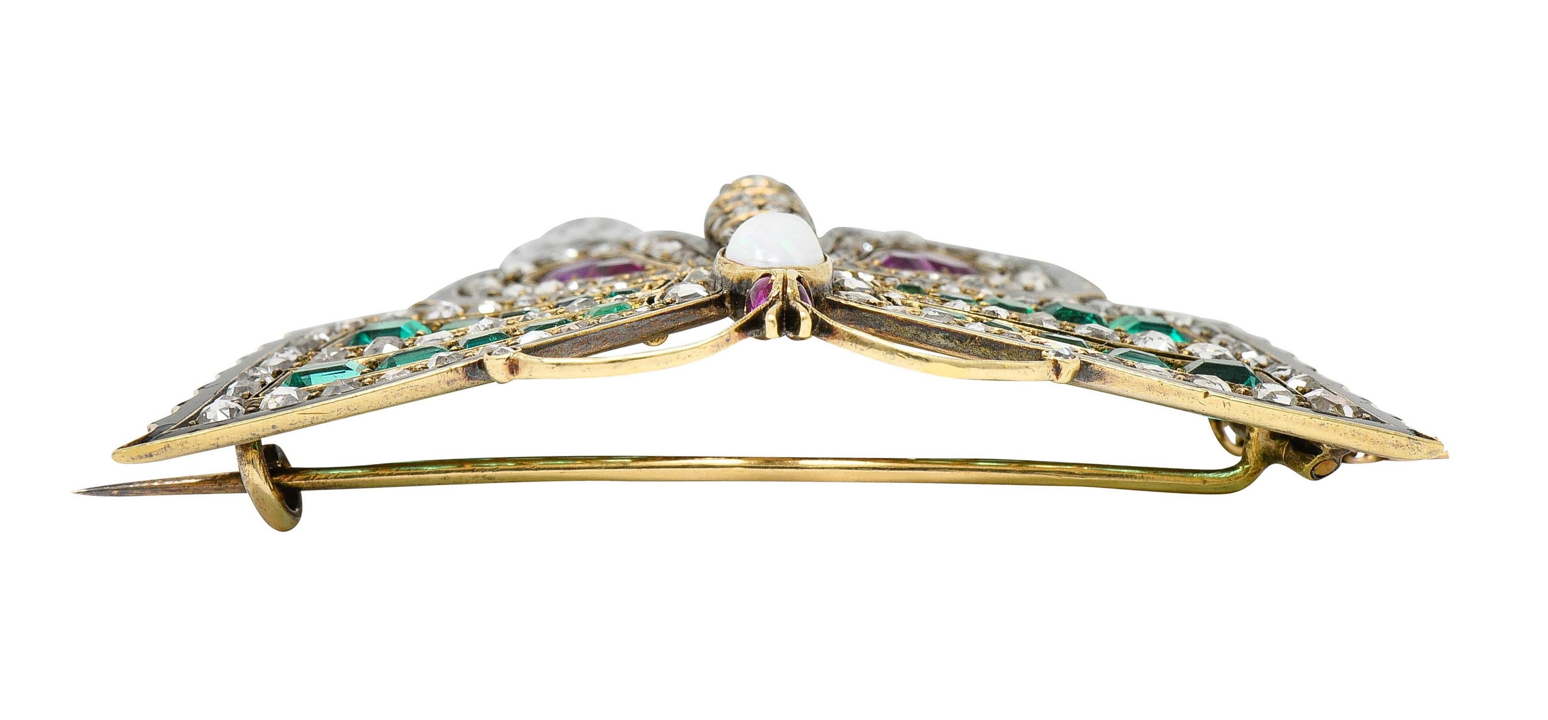 Victorian Emerald Ruby Diamond Opal Enamel 18 Karat Gold Butterfly Brooch 2