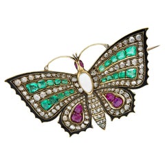 Victorian Emerald Ruby Diamond Opal Enamel 18 Karat Gold Butterfly Brooch