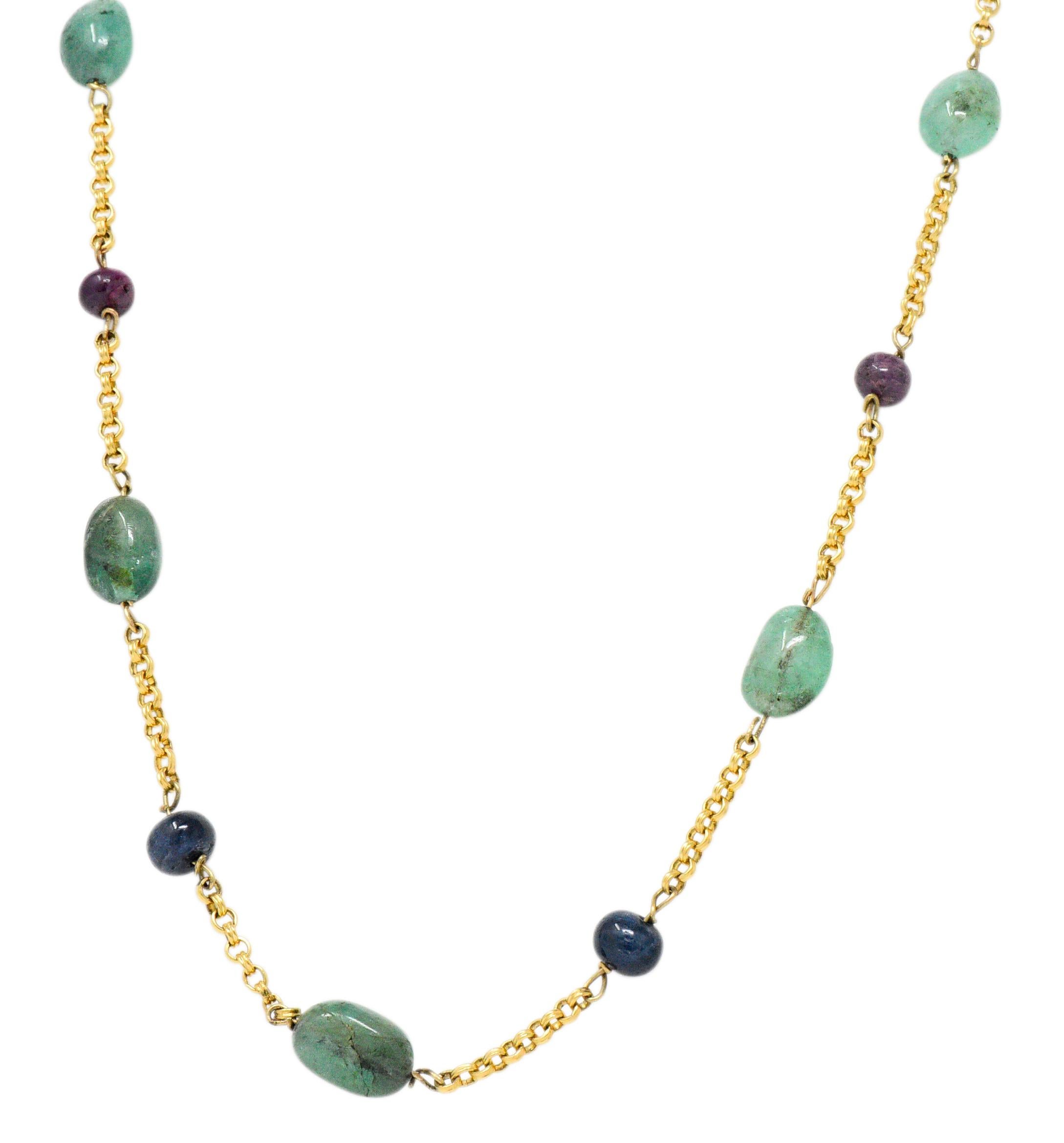 Women's or Men's Victorian Emerald Sapphire Ruby 14 Karat Gold 27 Inch Station Necklace