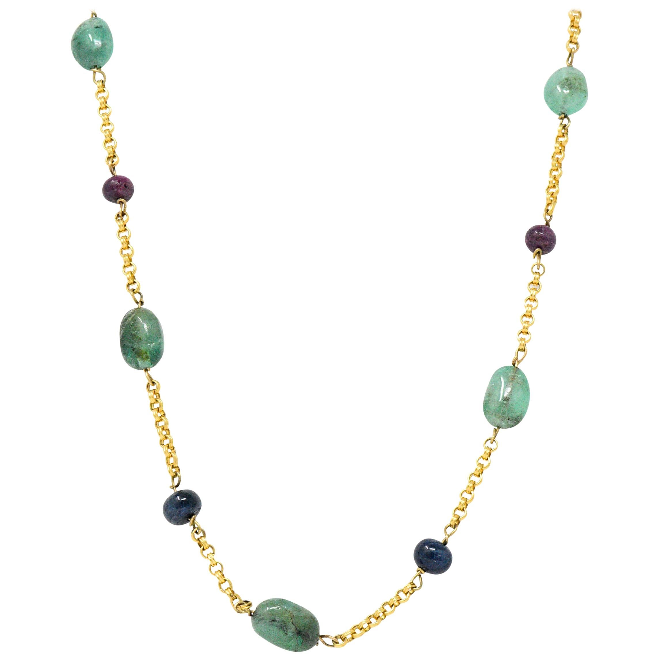 Victorian Emerald Sapphire Ruby 14 Karat Gold 27 Inch Station Necklace