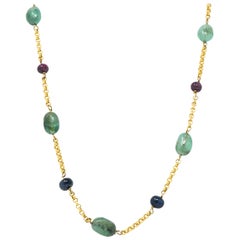 Collier Victorien Emerald Sapphire Ruby 14 Karat Gold 27 Inch Station Necklace