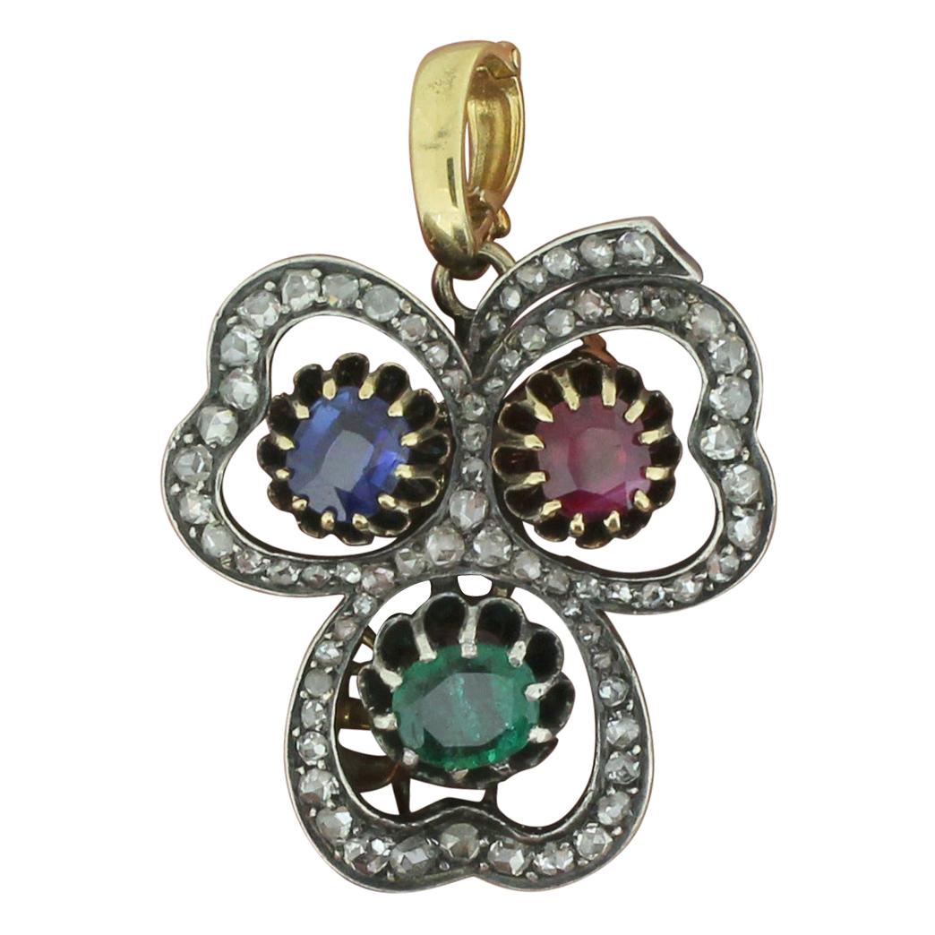 Victorian Emerald, Sapphire, Ruby and Diamond Clover Pendant / Brooch For Sale