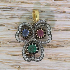 Victorian Emerald, Sapphire, Ruby and Diamond Clover Pendant / Brooch