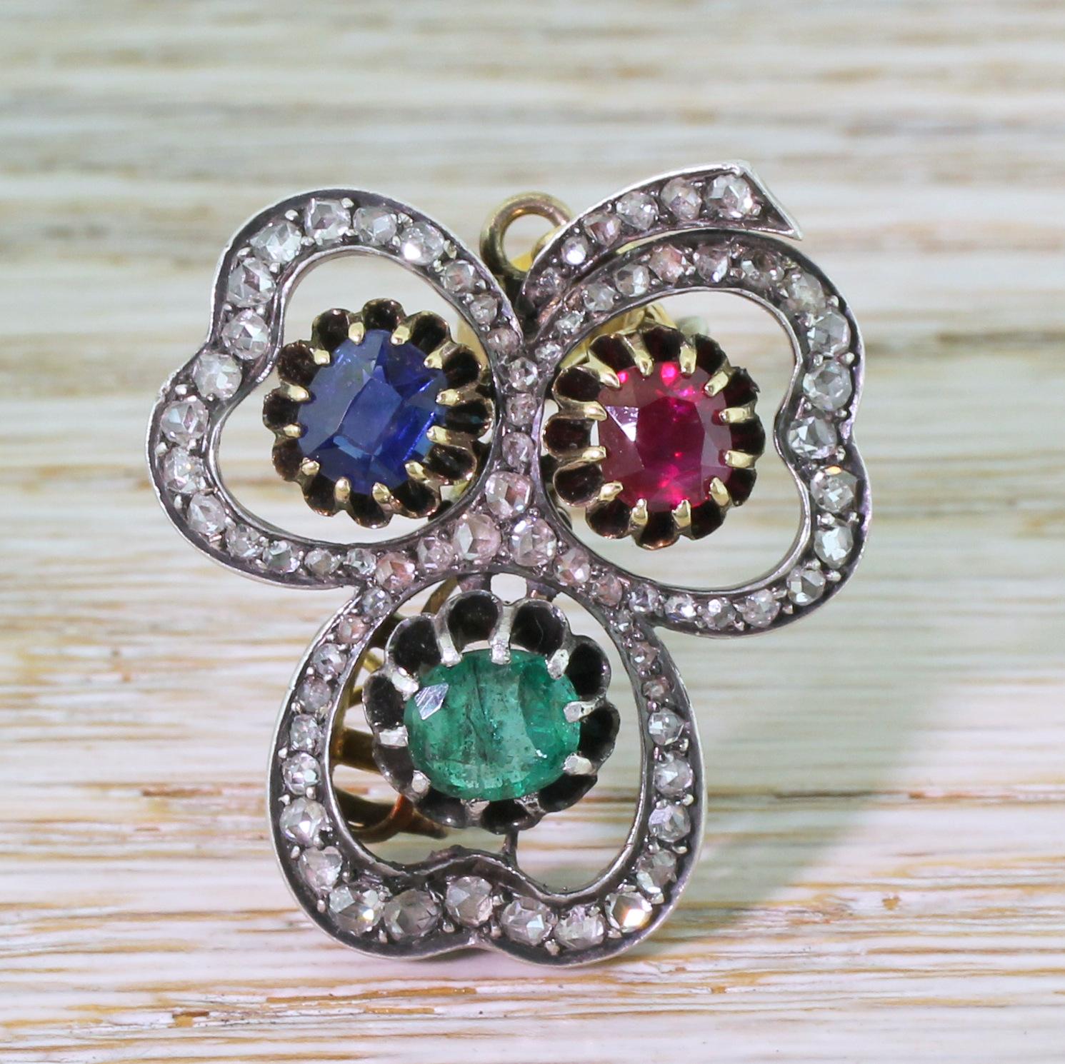 Victorian Emerald, Sapphire, Ruby and Diamond Clover Pendant / Brooch In Good Condition For Sale In Essex, GB