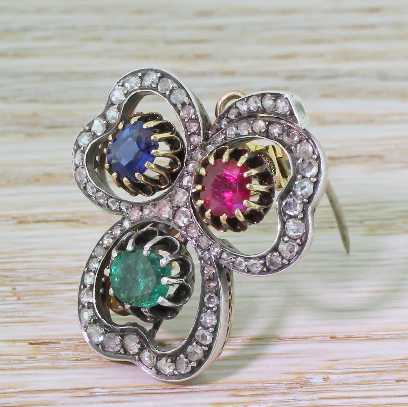 Women's Victorian Emerald, Sapphire, Ruby and Diamond Clover Pendant / Brooch For Sale