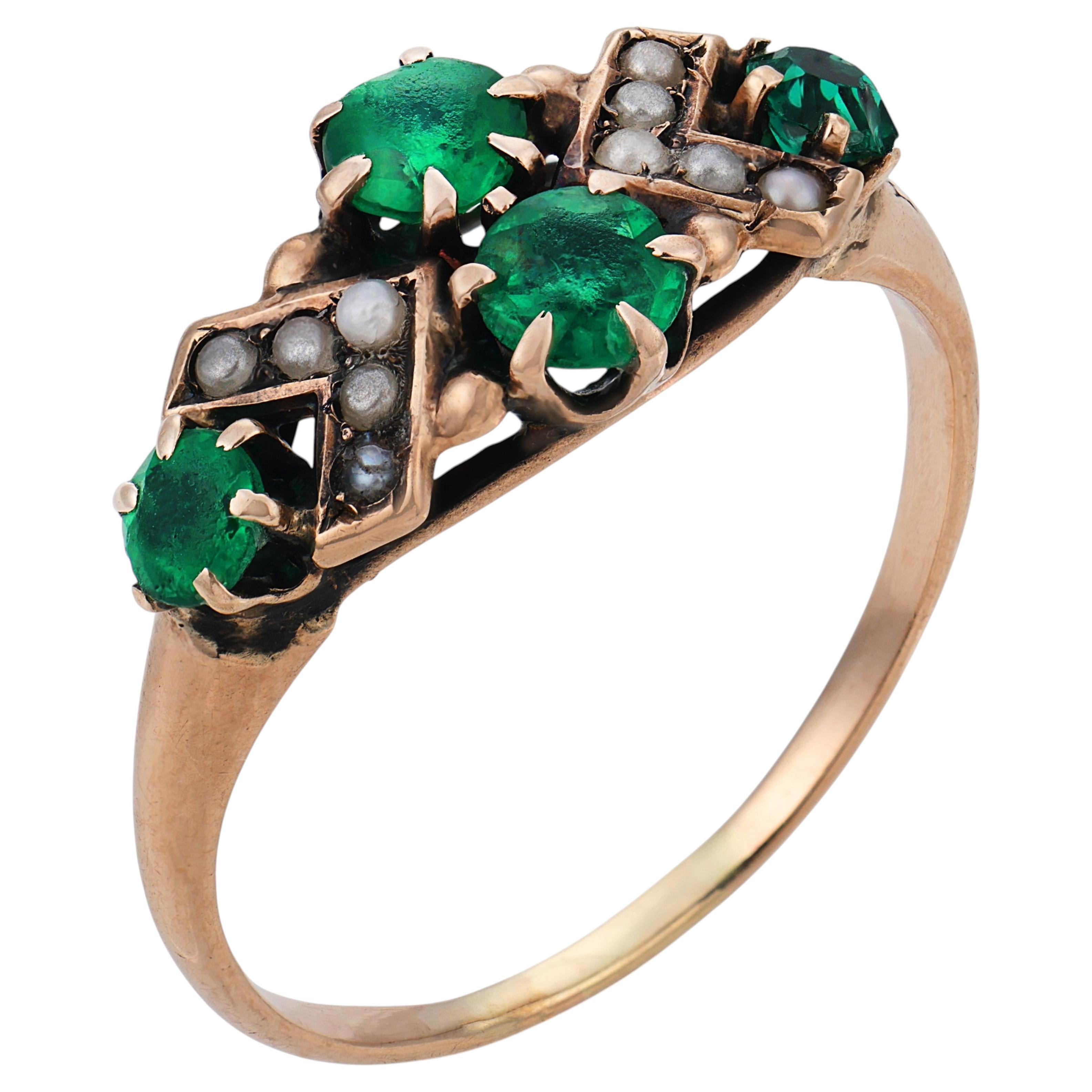 Victorian emerald seed pearl 14k yellow gold ring