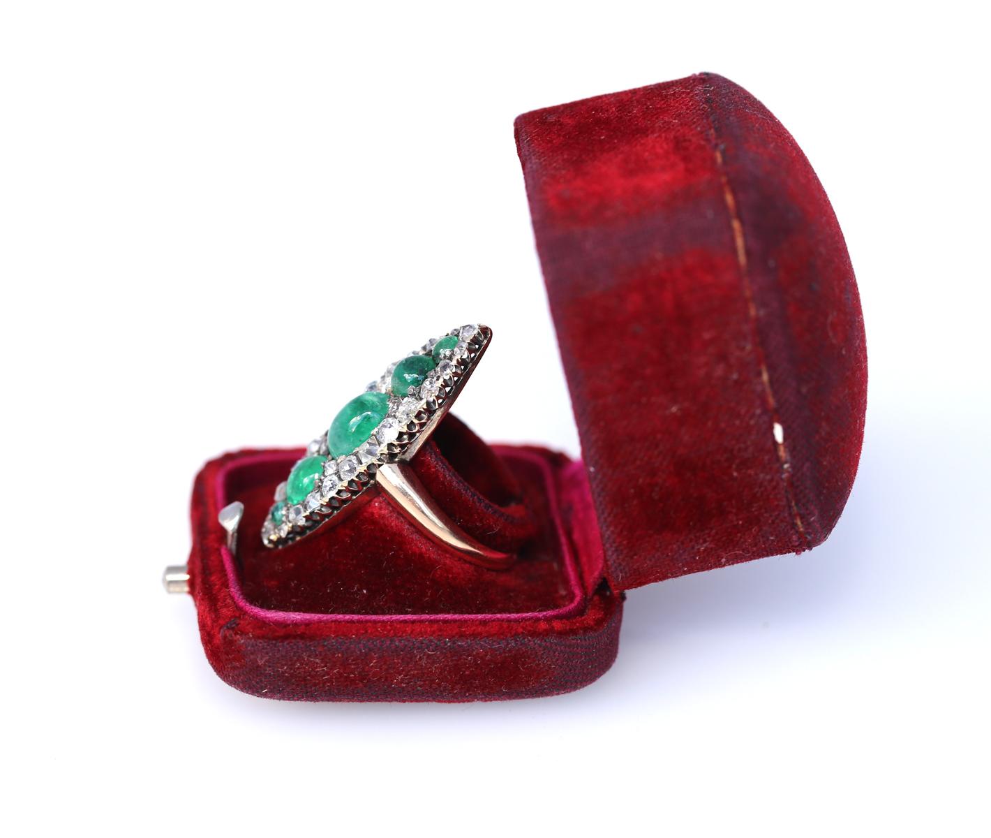 Victorian Emeralds Diamonds Navette Gold Silver, 1880 In Fair Condition For Sale In Herzelia, Tel Aviv