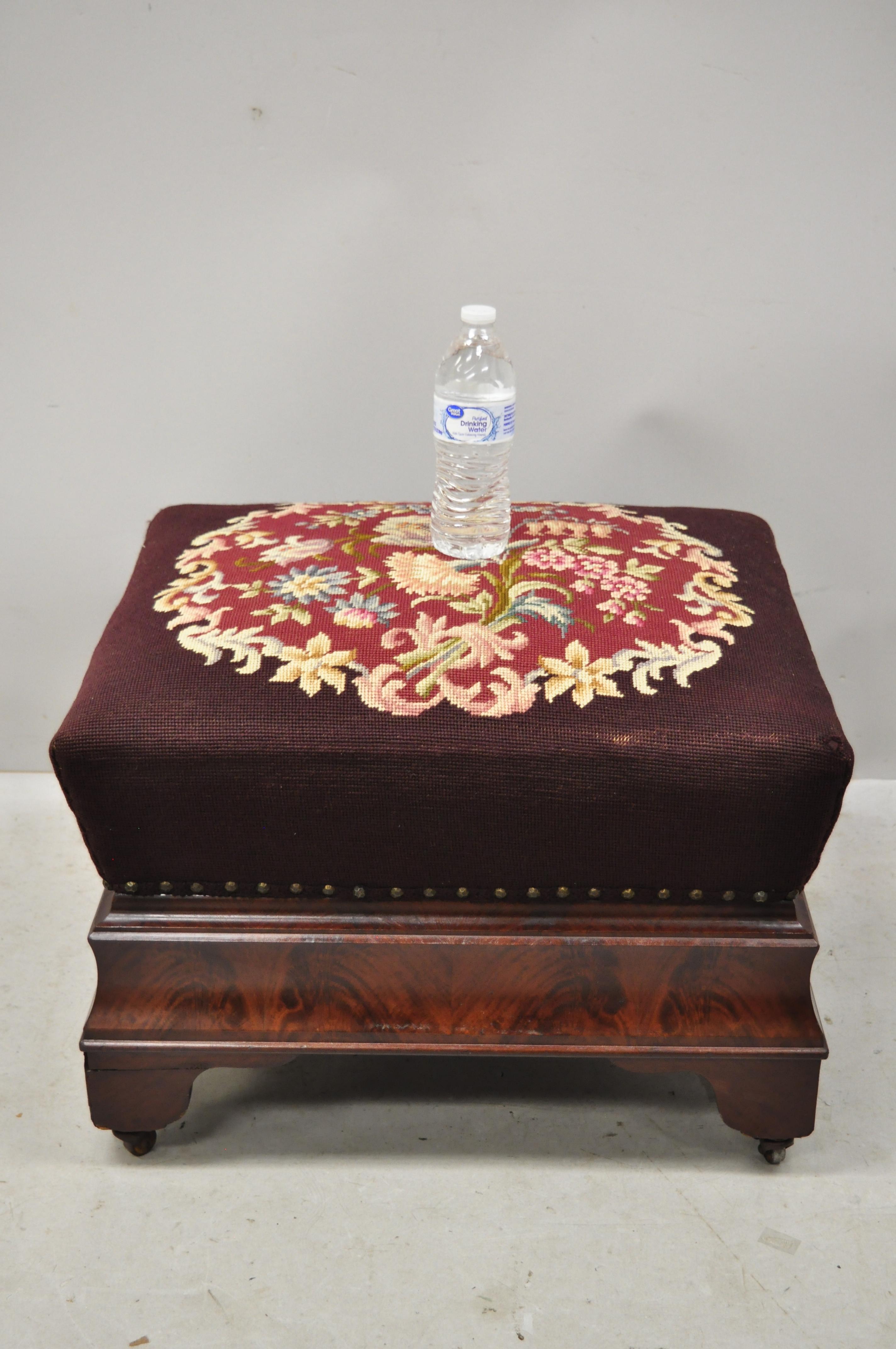 Victorian Empire Large Crotch Flame Mahogany Needlepoint Box Seat Ottoman 2