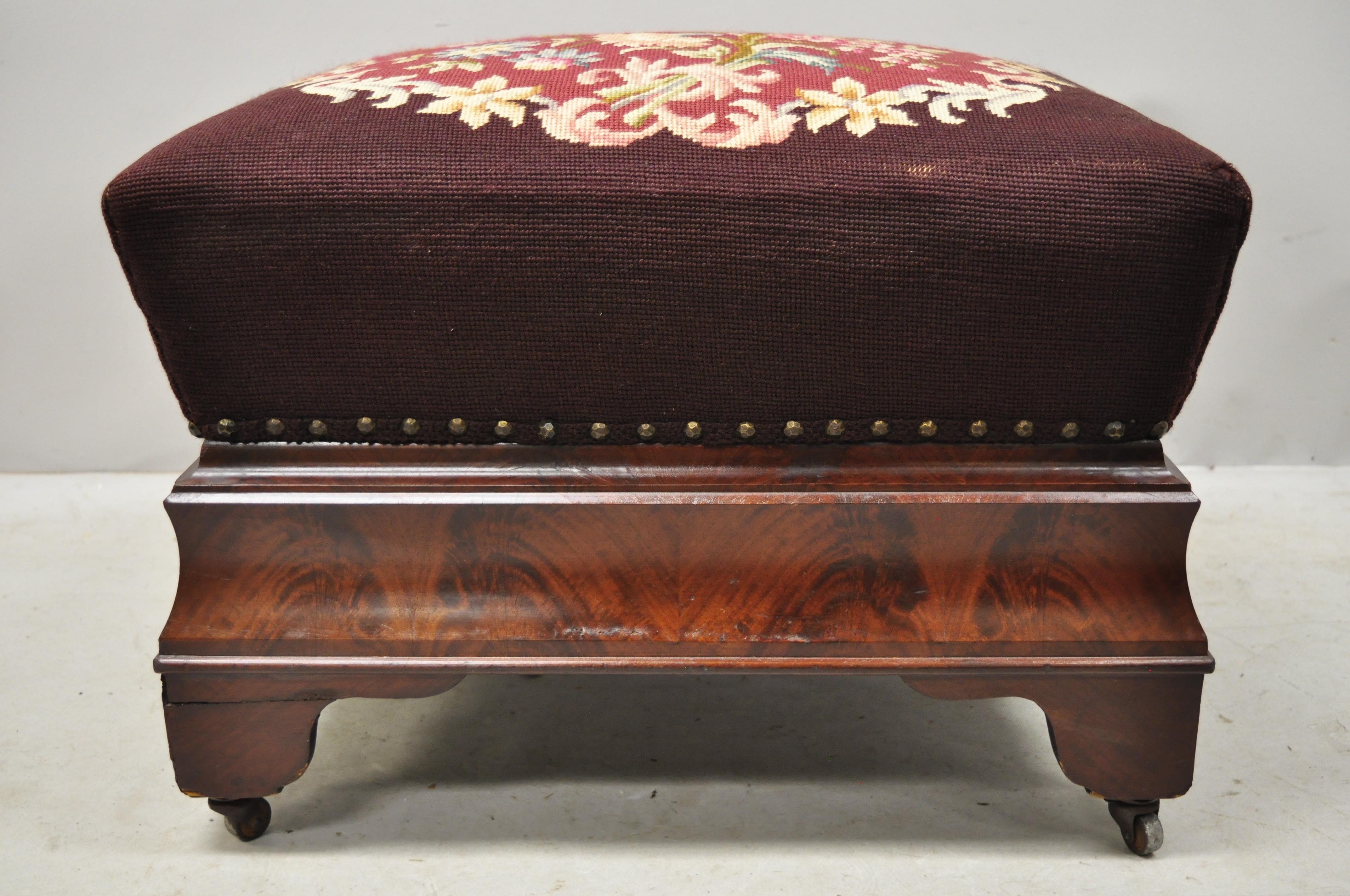 Victorian Empire Large Crotch Flame Mahogany Needlepoint Box Seat Ottoman 3