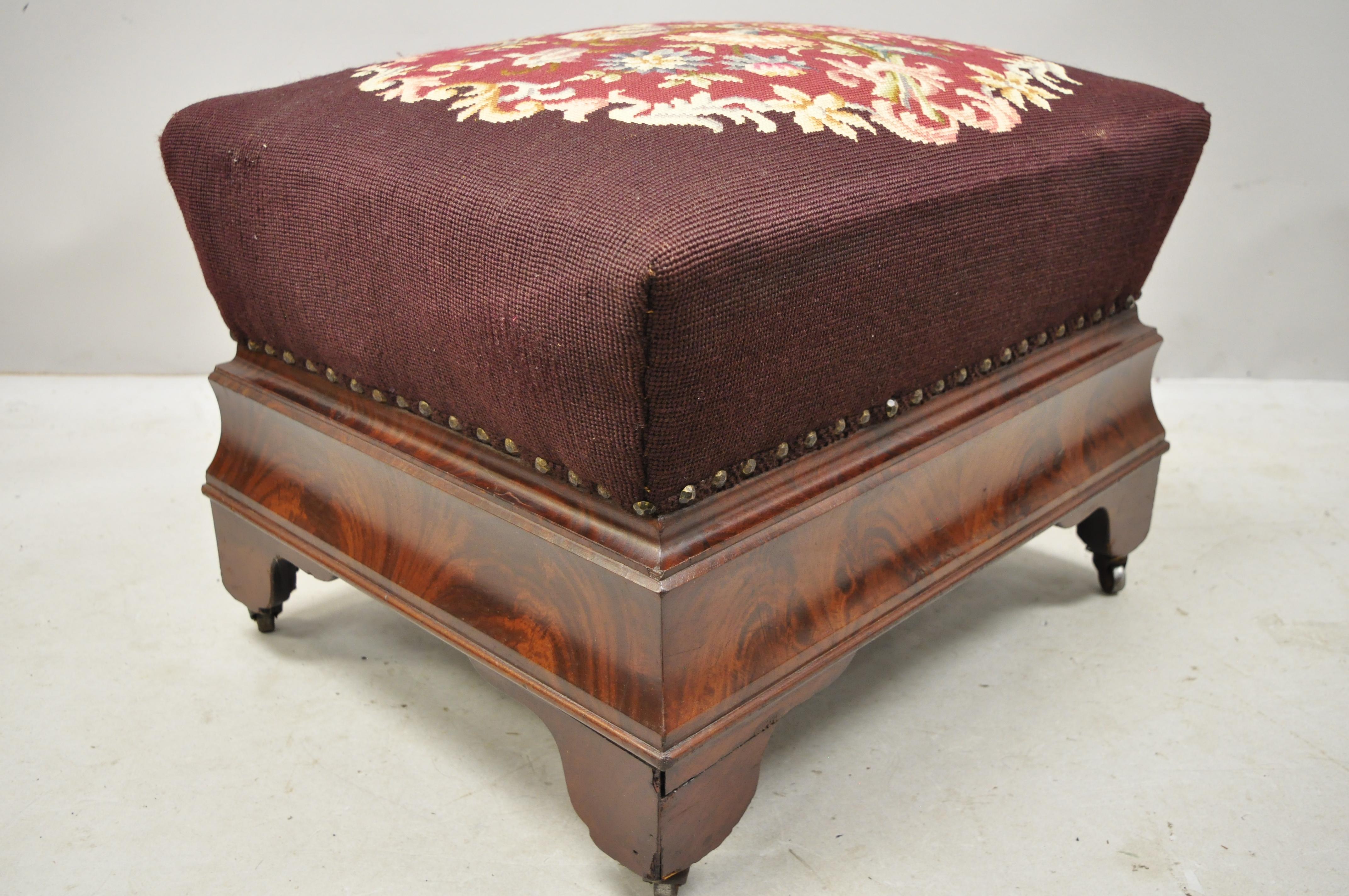 Veneer Victorian Empire Large Crotch Flame Mahogany Needlepoint Box Seat Ottoman