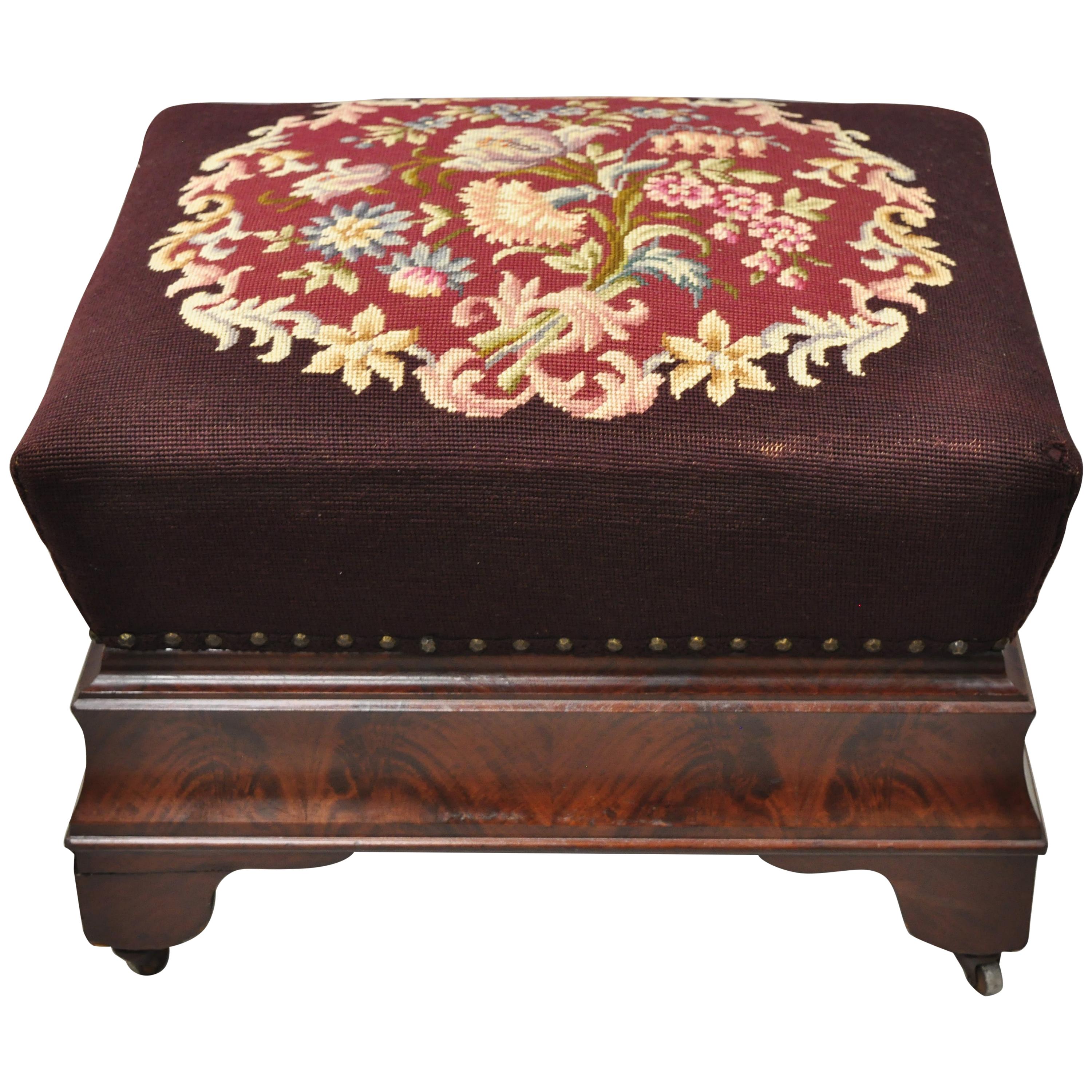 Victorian Empire Large Crotch Flame Mahogany Needlepoint Box Seat Ottoman