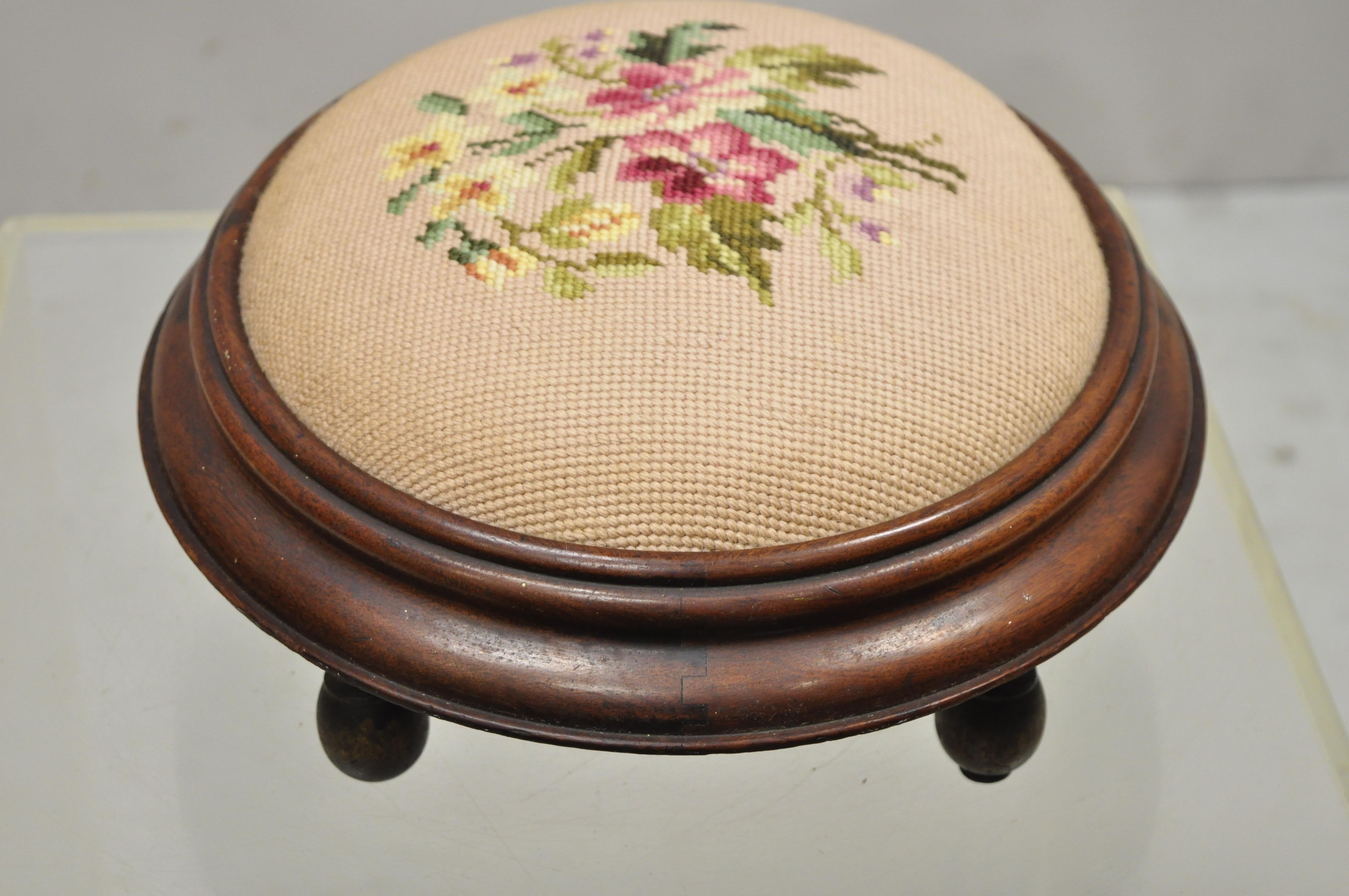 Victorian Empire Pink Needlepoint Oval Mahogany Petite Small Ottoman Footstool 1