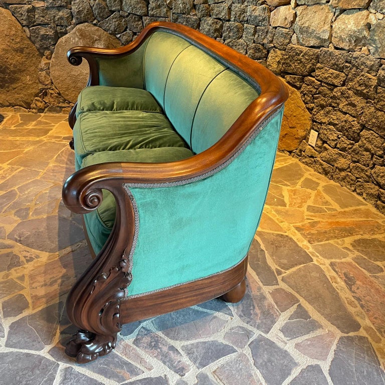 1920s Victorian Velvet Empire Sofa Carved Mahogany Lion Paw Feet on Wheels For Sale at 1stDibs