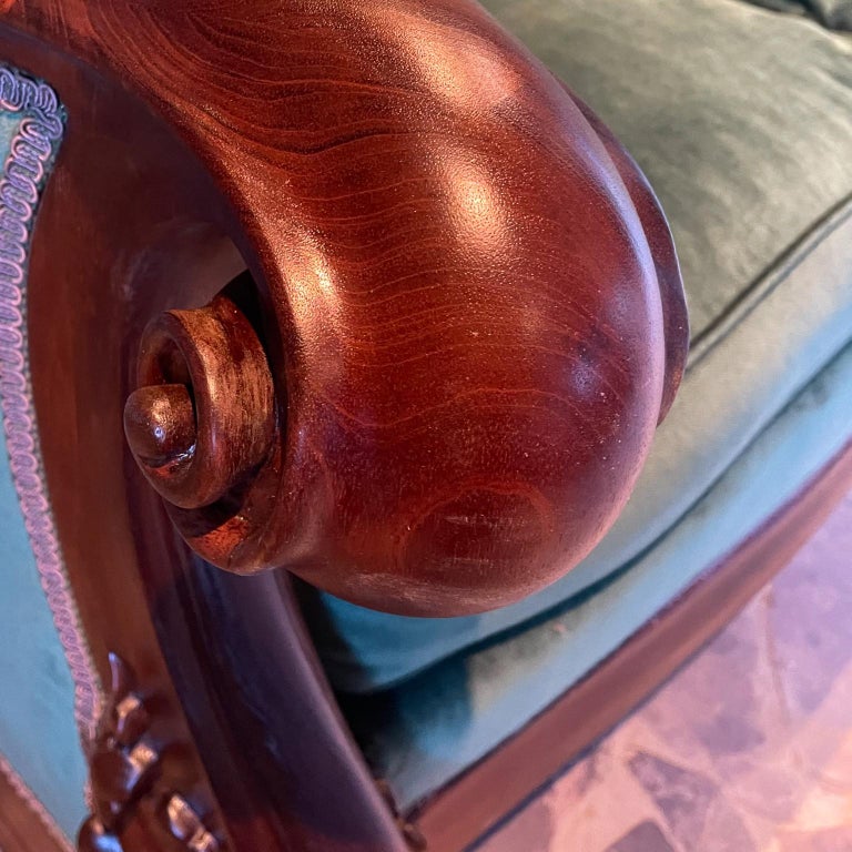 1920s Victorian Velvet Empire Sofa Carved Mahogany Lion Paw Feet on Wheels For Sale at 1stDibs