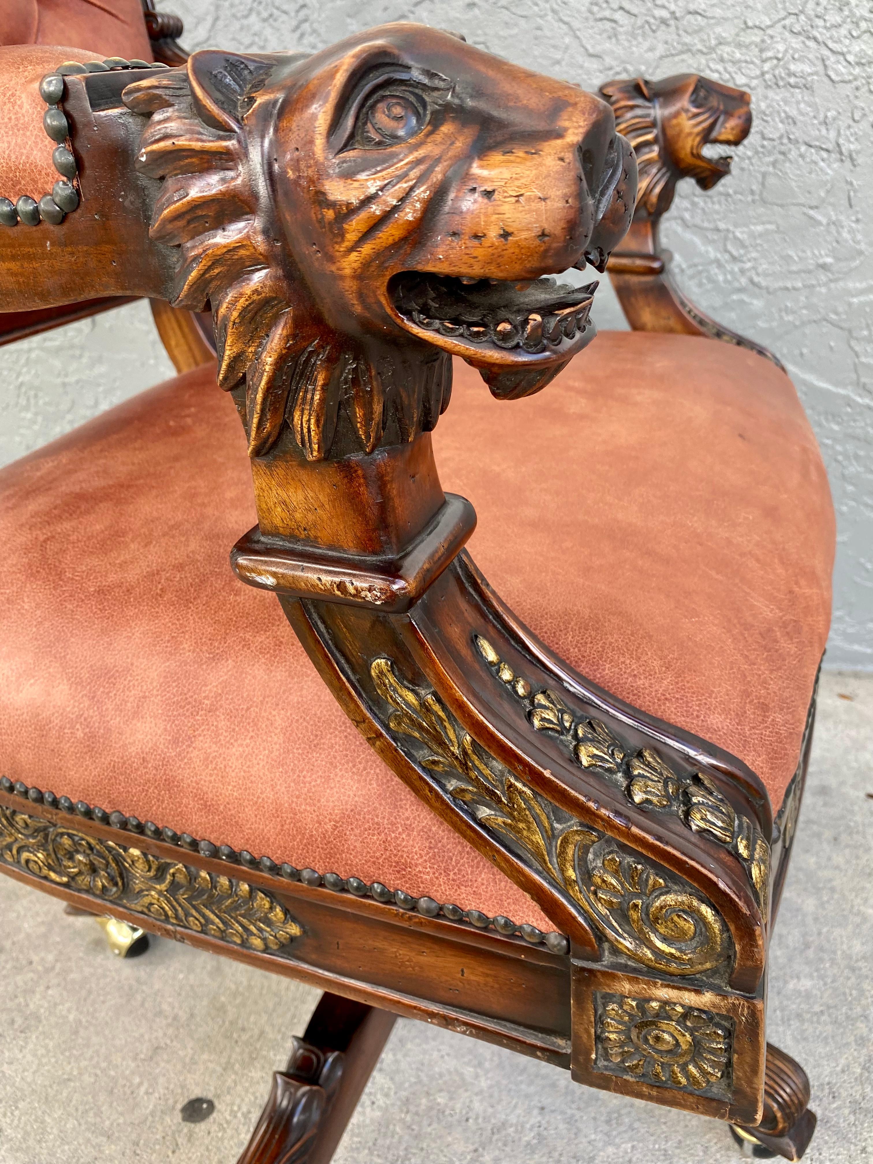 Victorian Empire Style Gilt Garved Wood Lion Head Swivel Chair For Sale 1