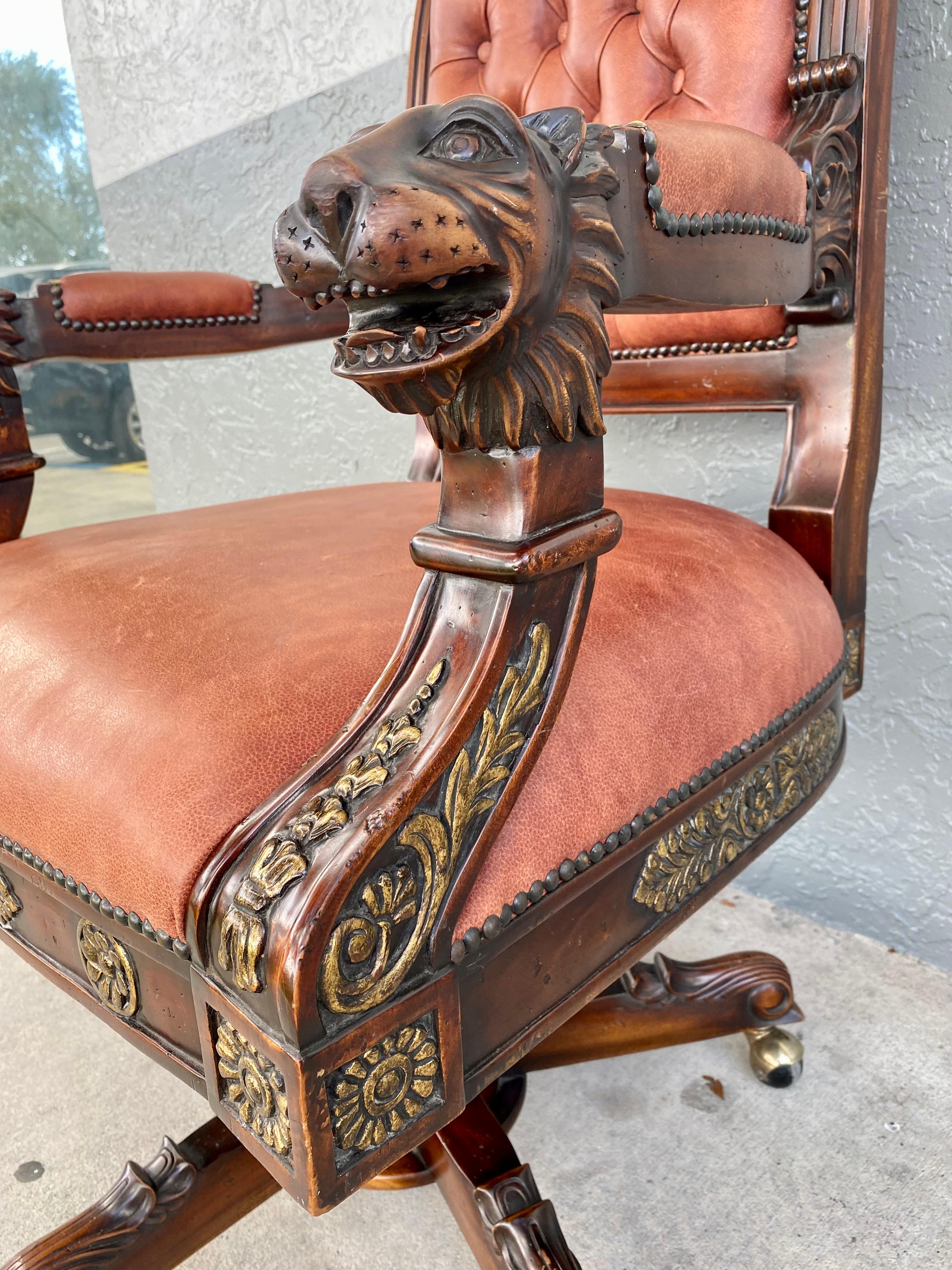 Victorian Empire Style Gilt Garved Wood Lion Head Swivel Chair For Sale 3