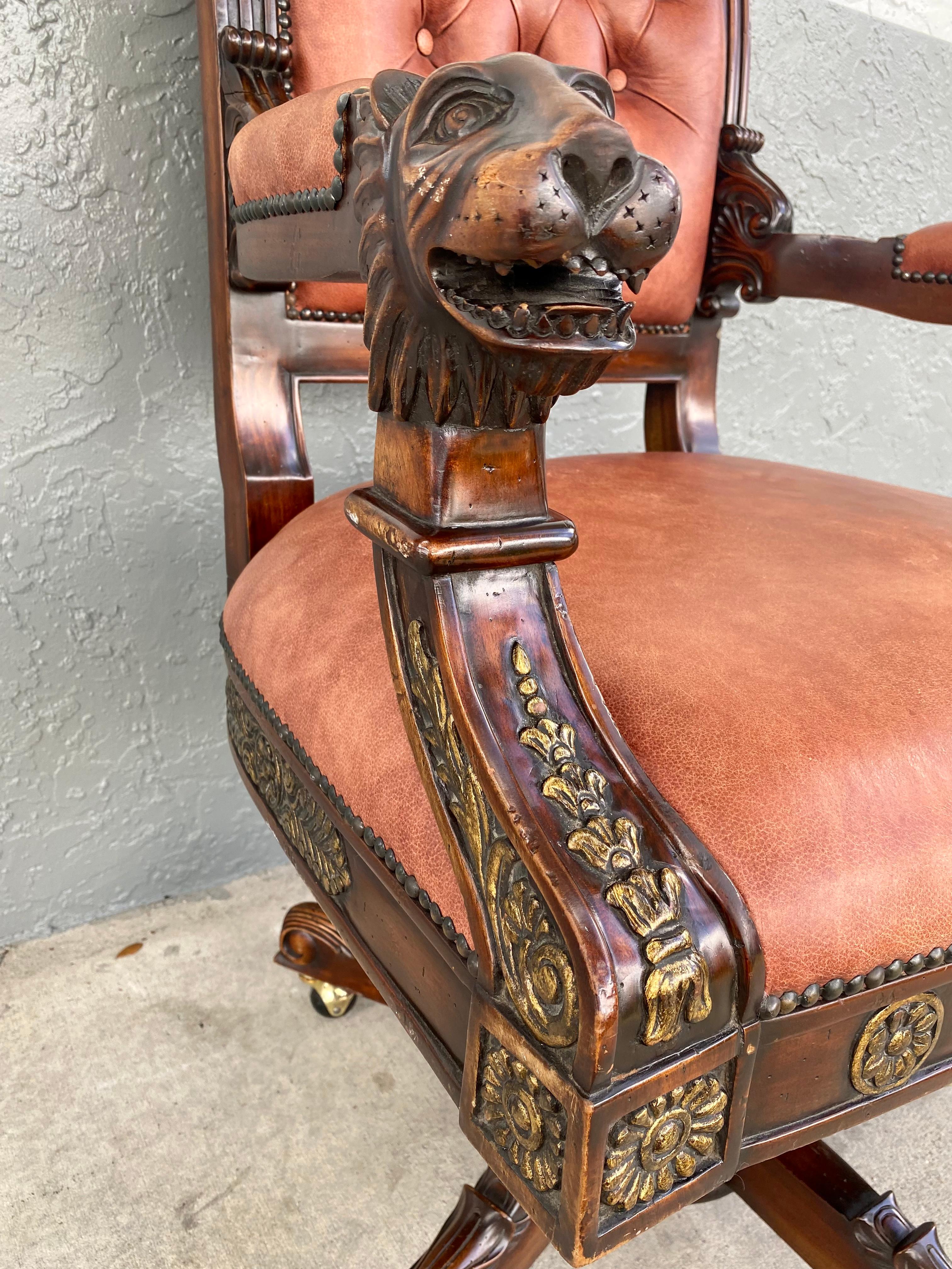 Victorian Empire Style Gilt Garved Wood Lion Head Swivel Chair For Sale 4