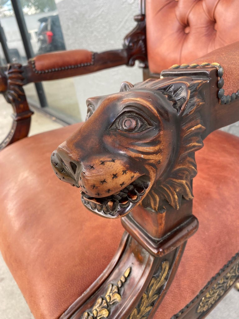 Victorian Empire Style Gilt Garved Wood Lion Head Swivel Chair For