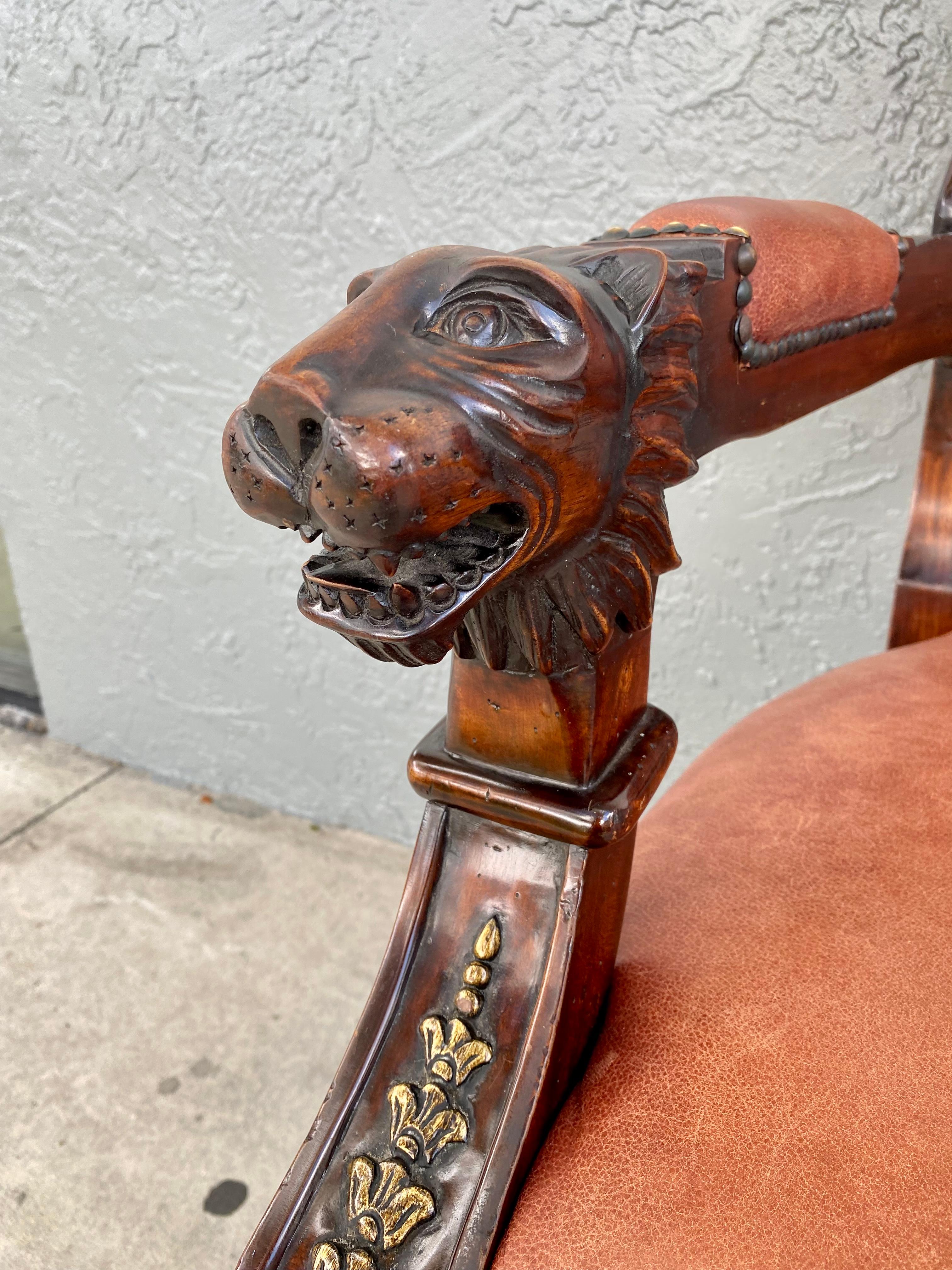 Victorian Empire Style Gilt Garved Wood Lion Head Swivel Chair For Sale 6