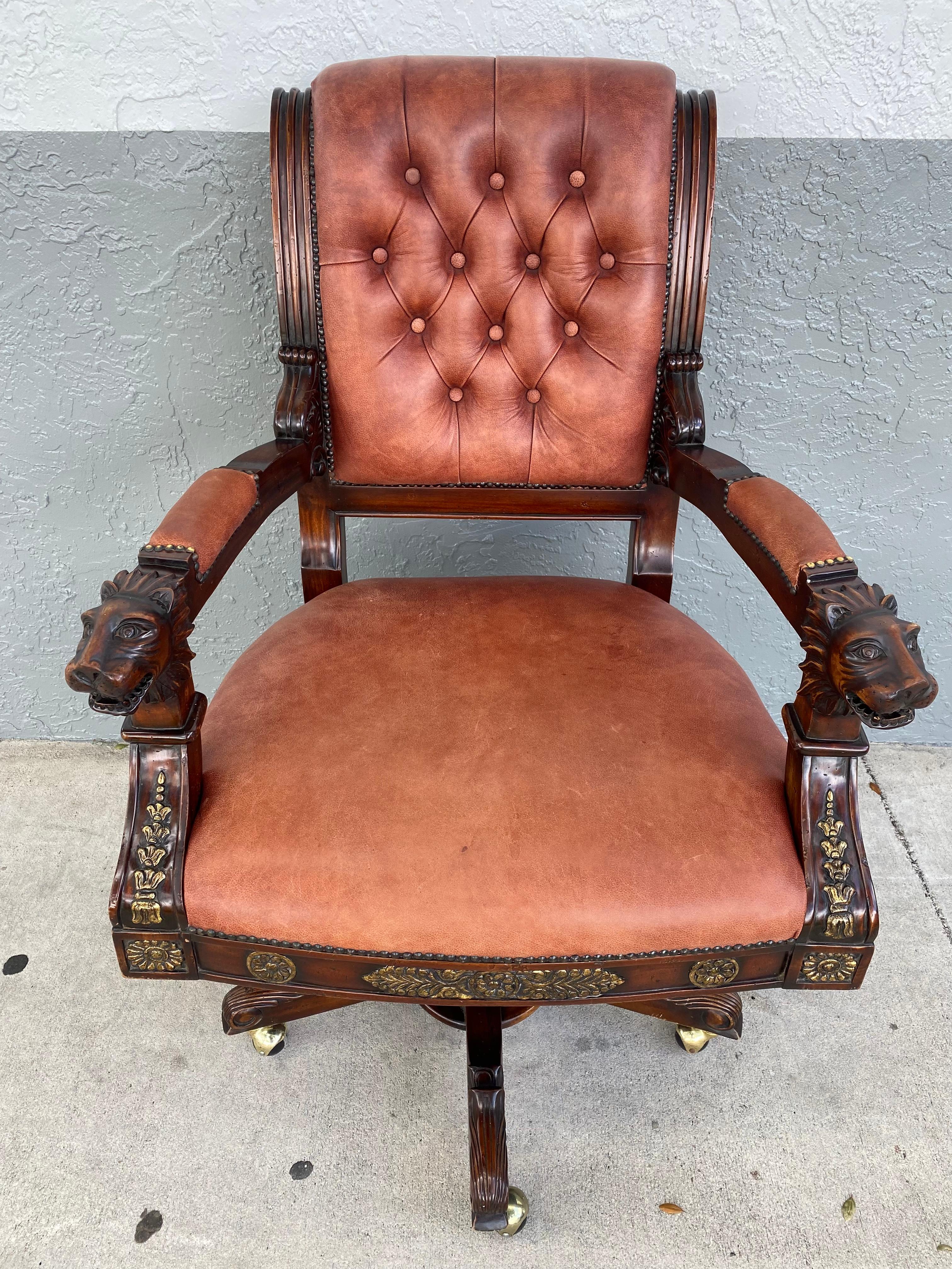 English Victorian Empire Style Gilt Garved Wood Lion Head Swivel Chair For Sale