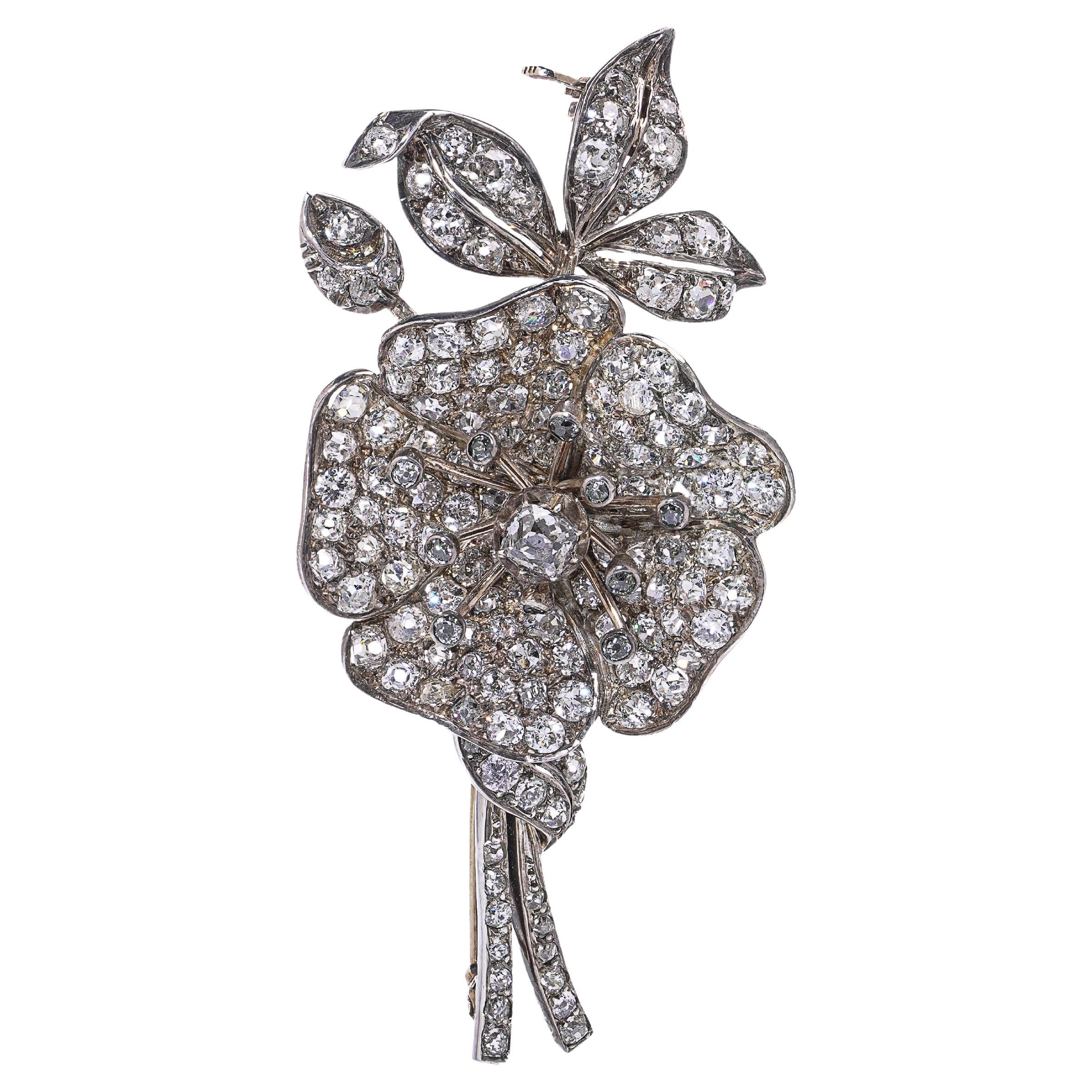 Viktorianische En Tremblant Diamant Blume Brosche - 9kt Gold & Silber