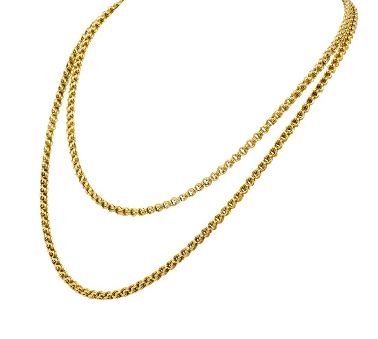 Victorian Enamel 10 Karat Gold Barrel Clasp Long Chain Necklace at 1stDibs